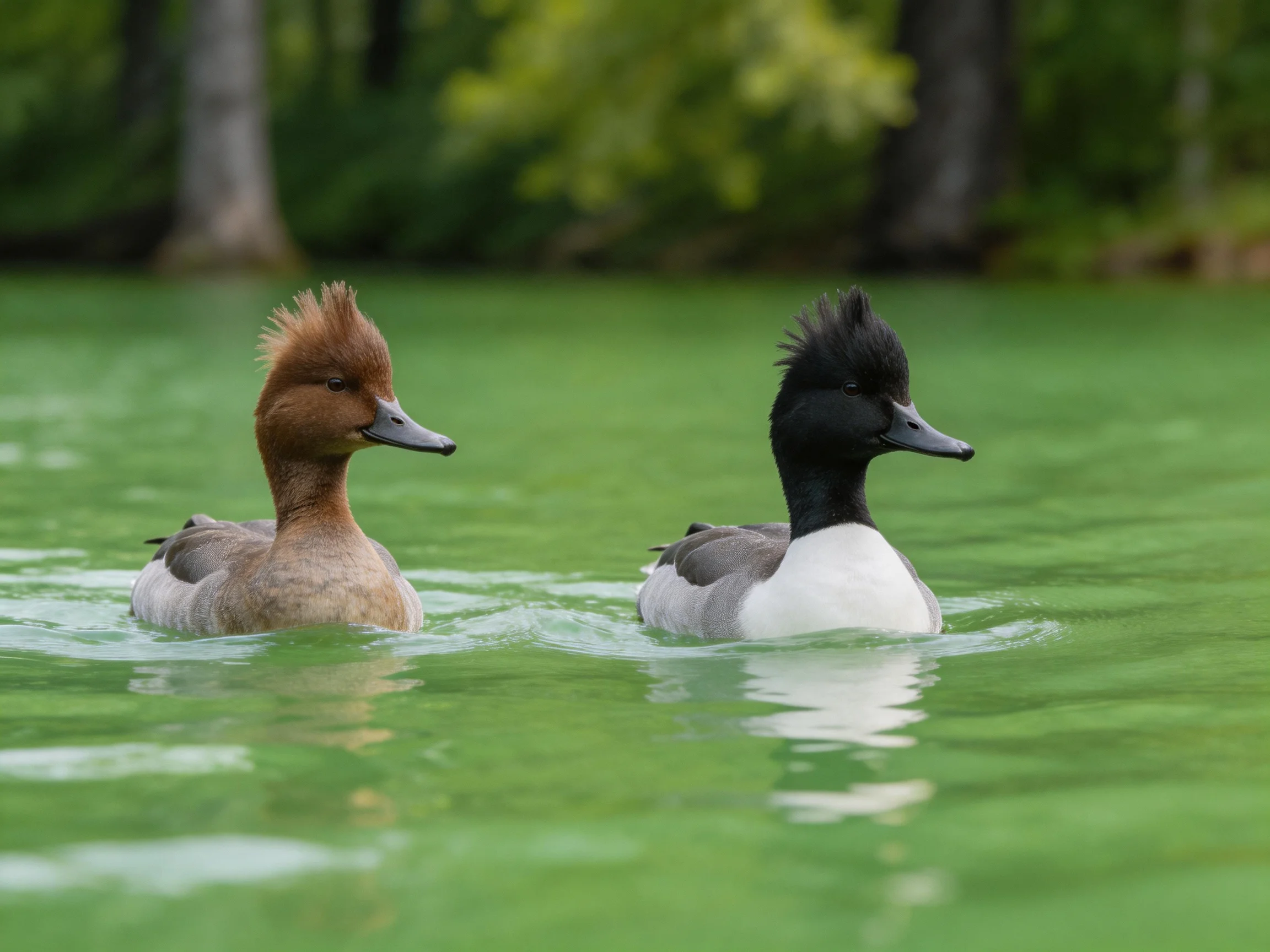 Two crested ducks glide through calm green water beside forested shoreline