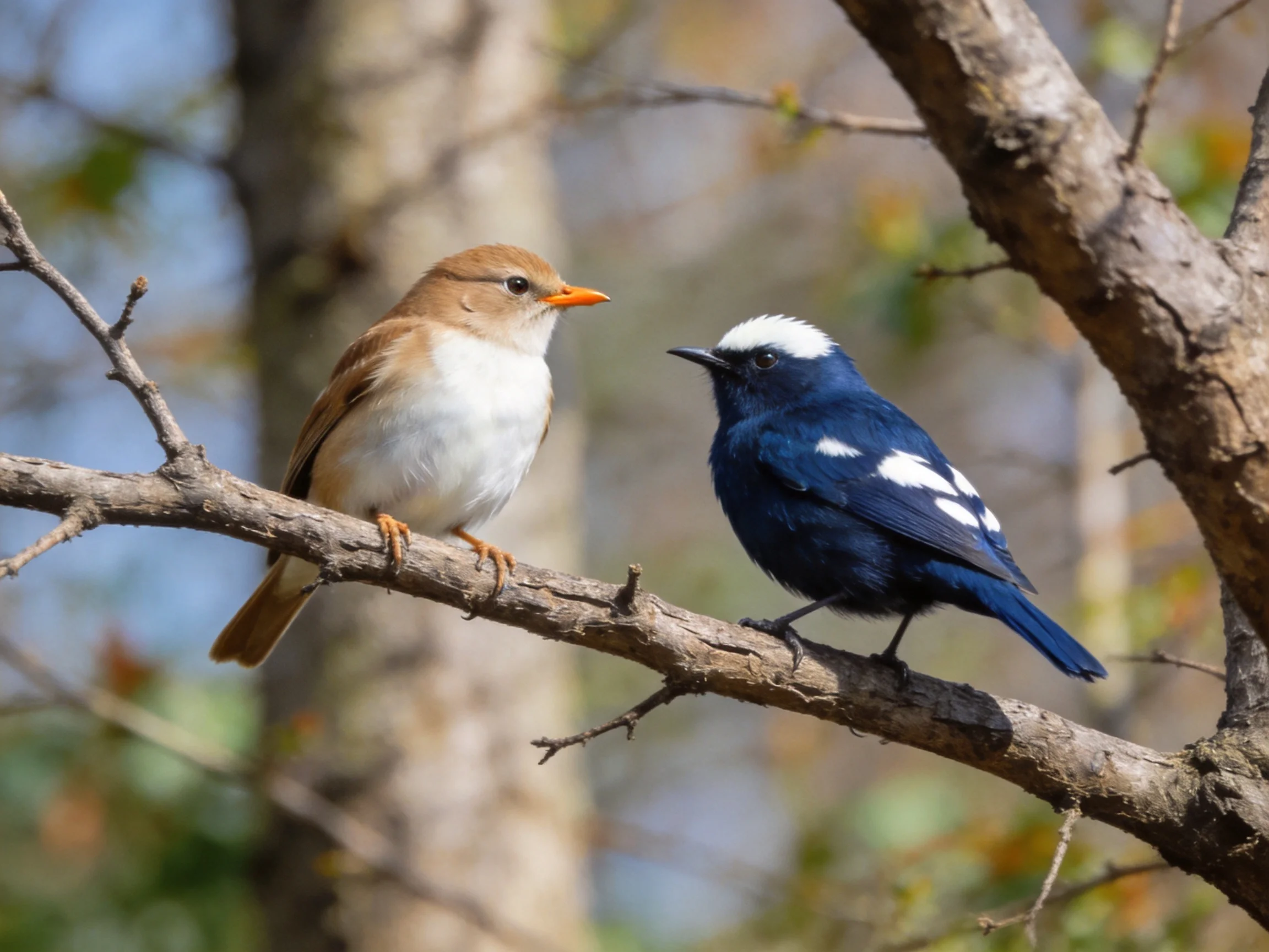 Two differently colored birds rest on a tree branch