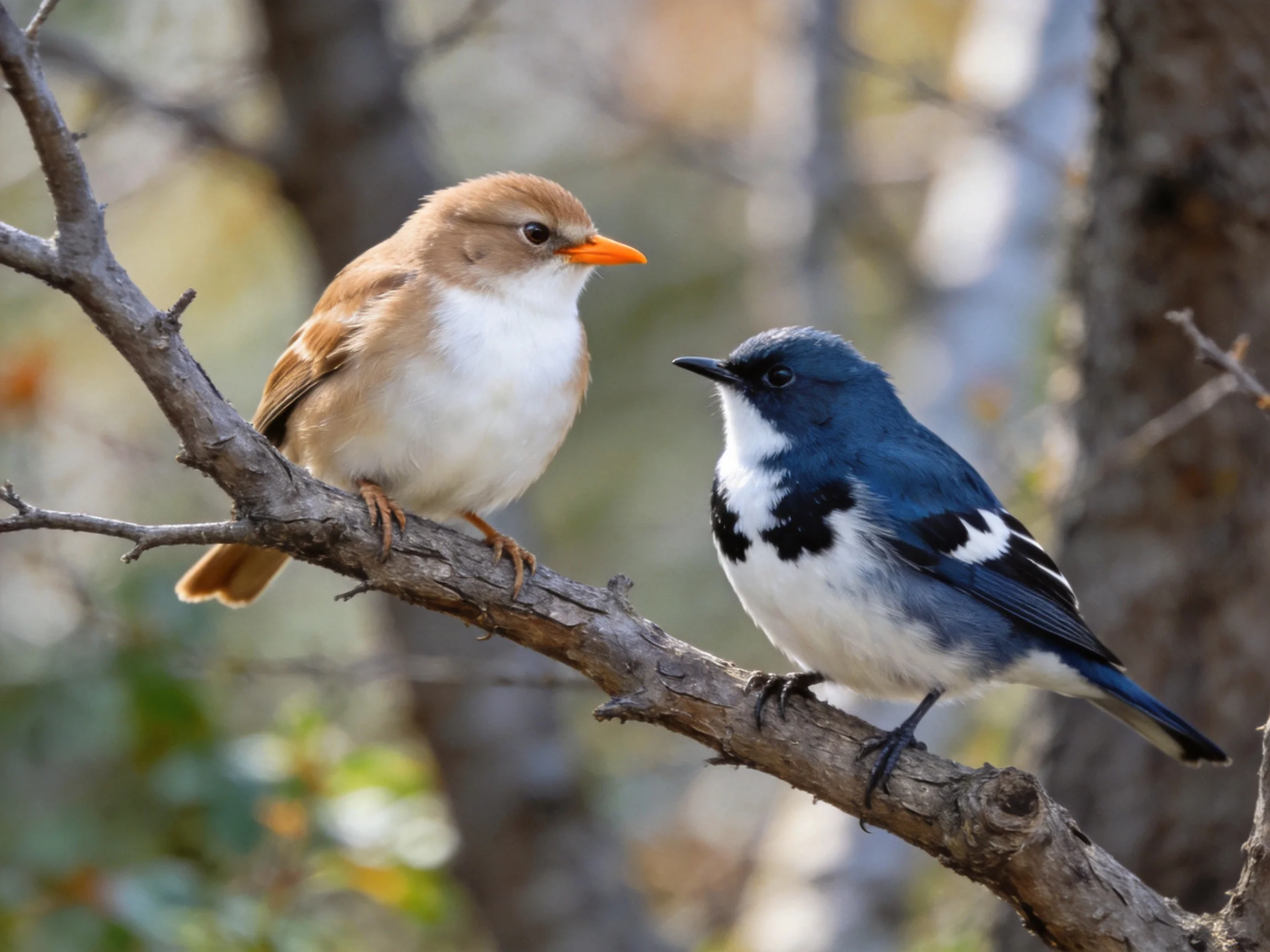 Two birds of contrasting hues rest on a tree branch among trees.
