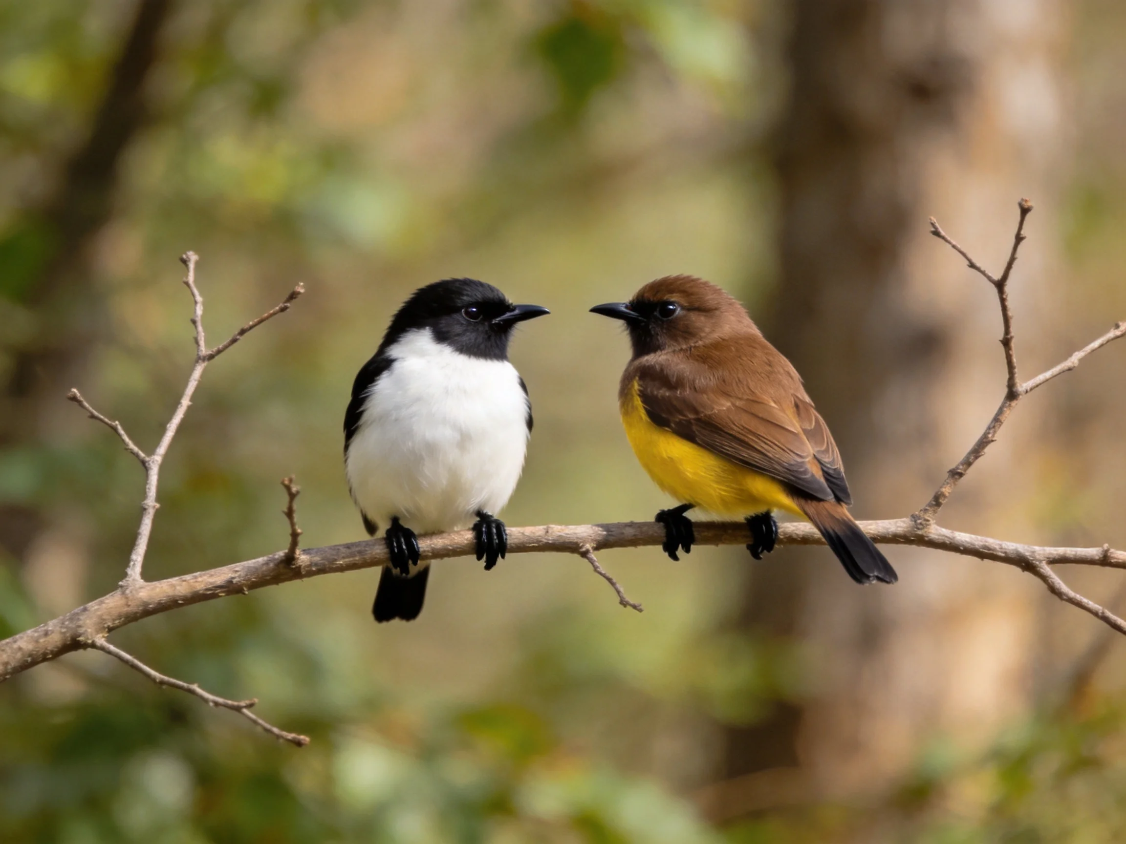 Two distinctively colored birds perch on a thin tree branch