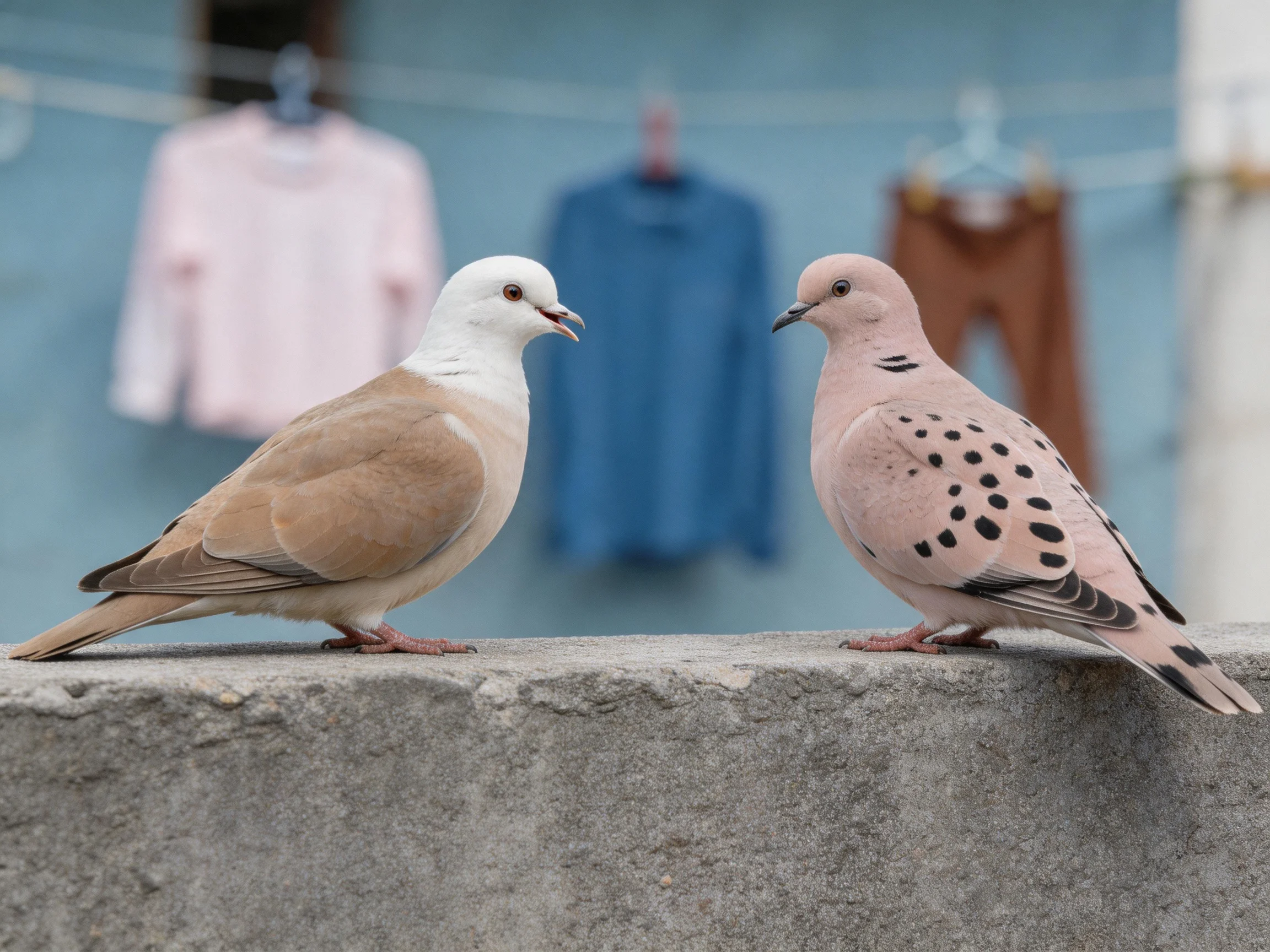 Two doves, one white-headed, one spotted, on a concrete ledge with hanging clothes