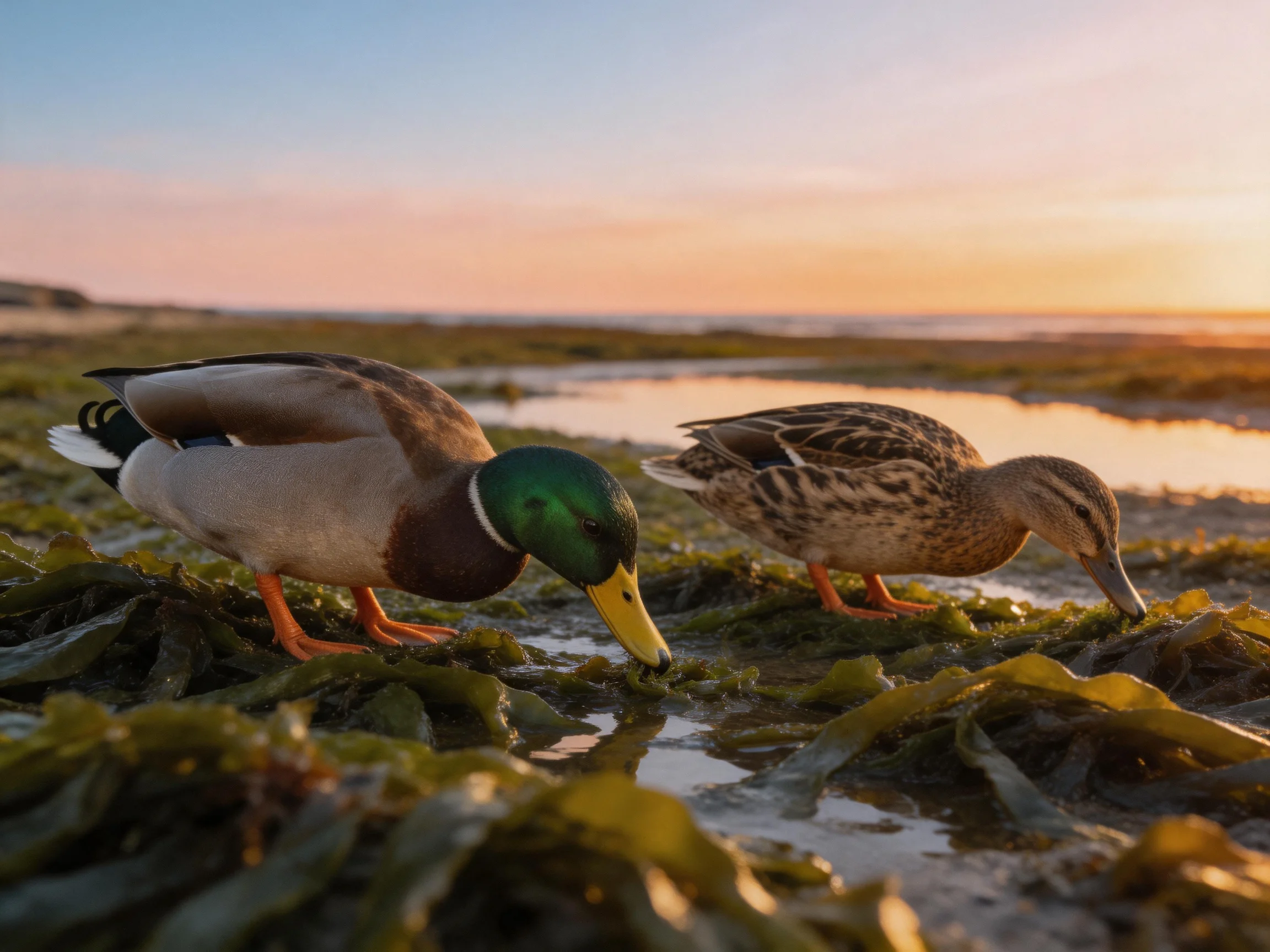 Two ducks forage amid seaweed by reflective water at sunset