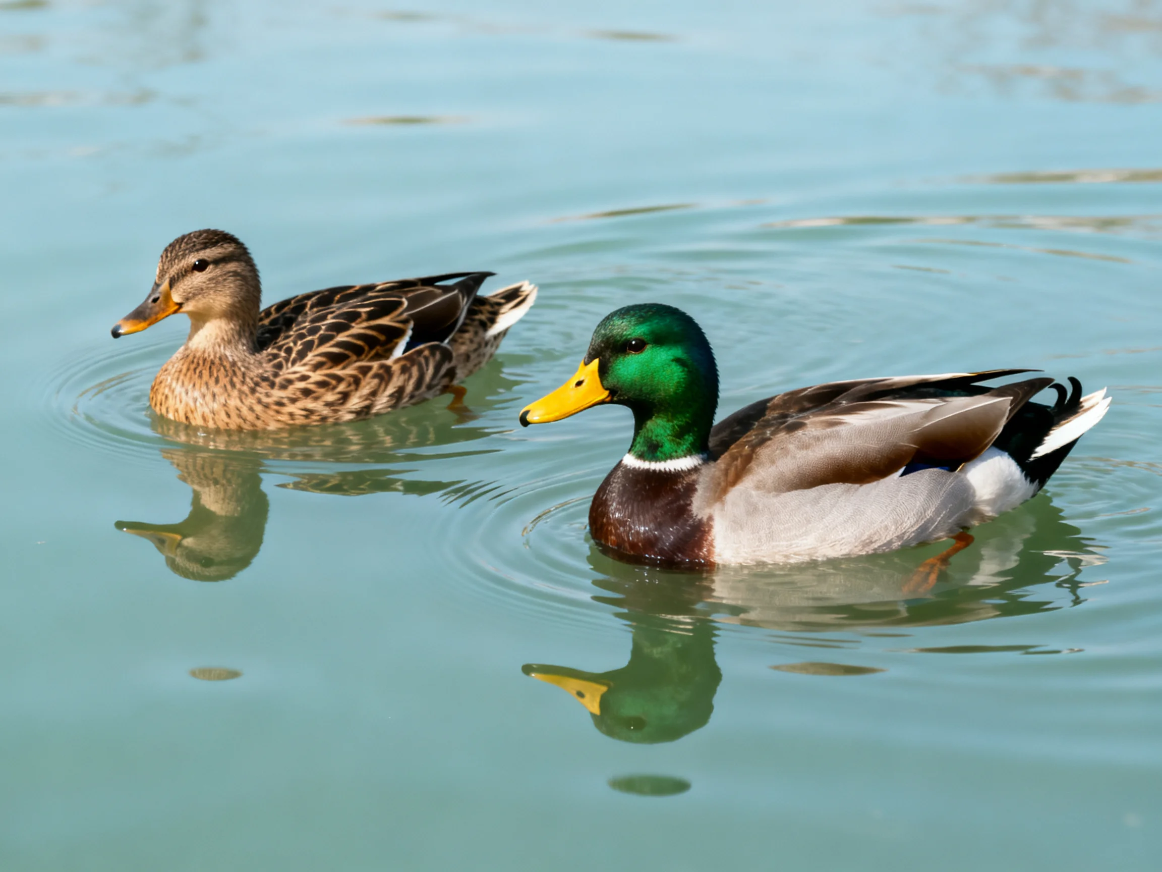Two ducks glide in calm blue water