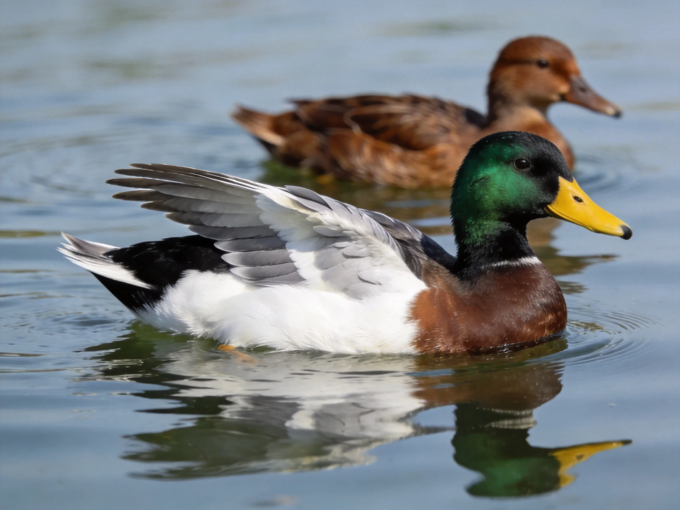 Two ducks glide on calm water; one displays green head, yellow beak, brown chest