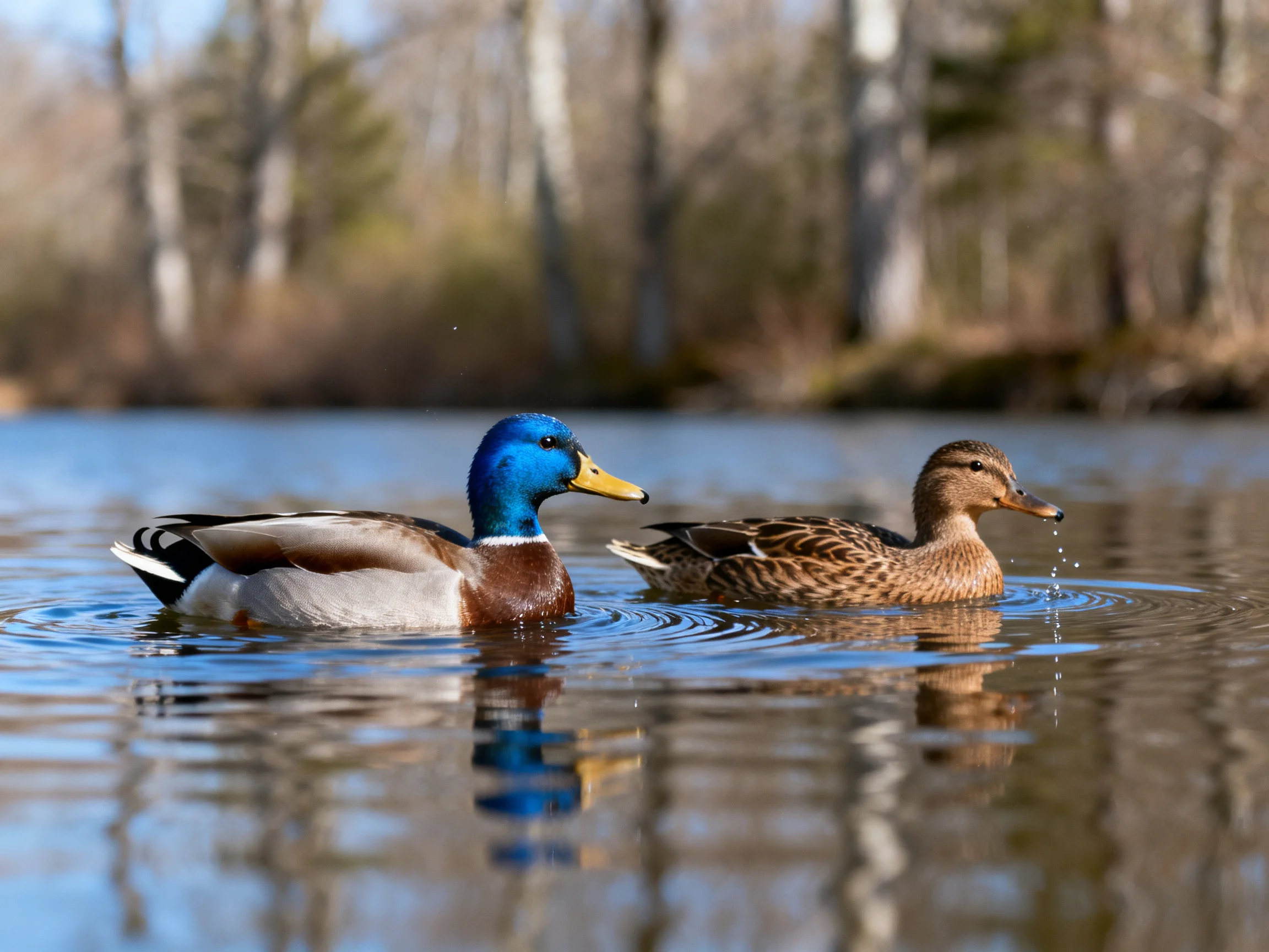 Two ducks glide through calm water near wooded shore