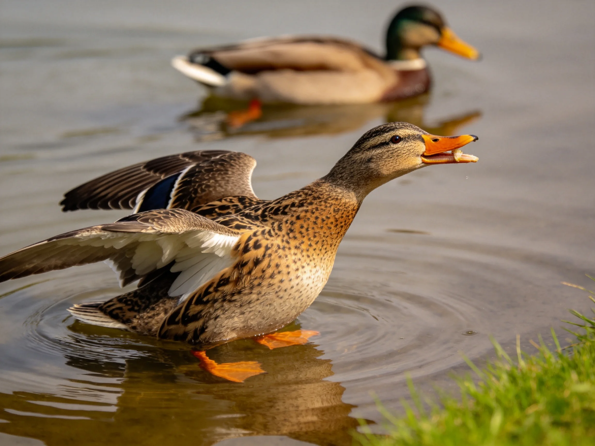 Two ducks in calm water; one flapping wings near shore