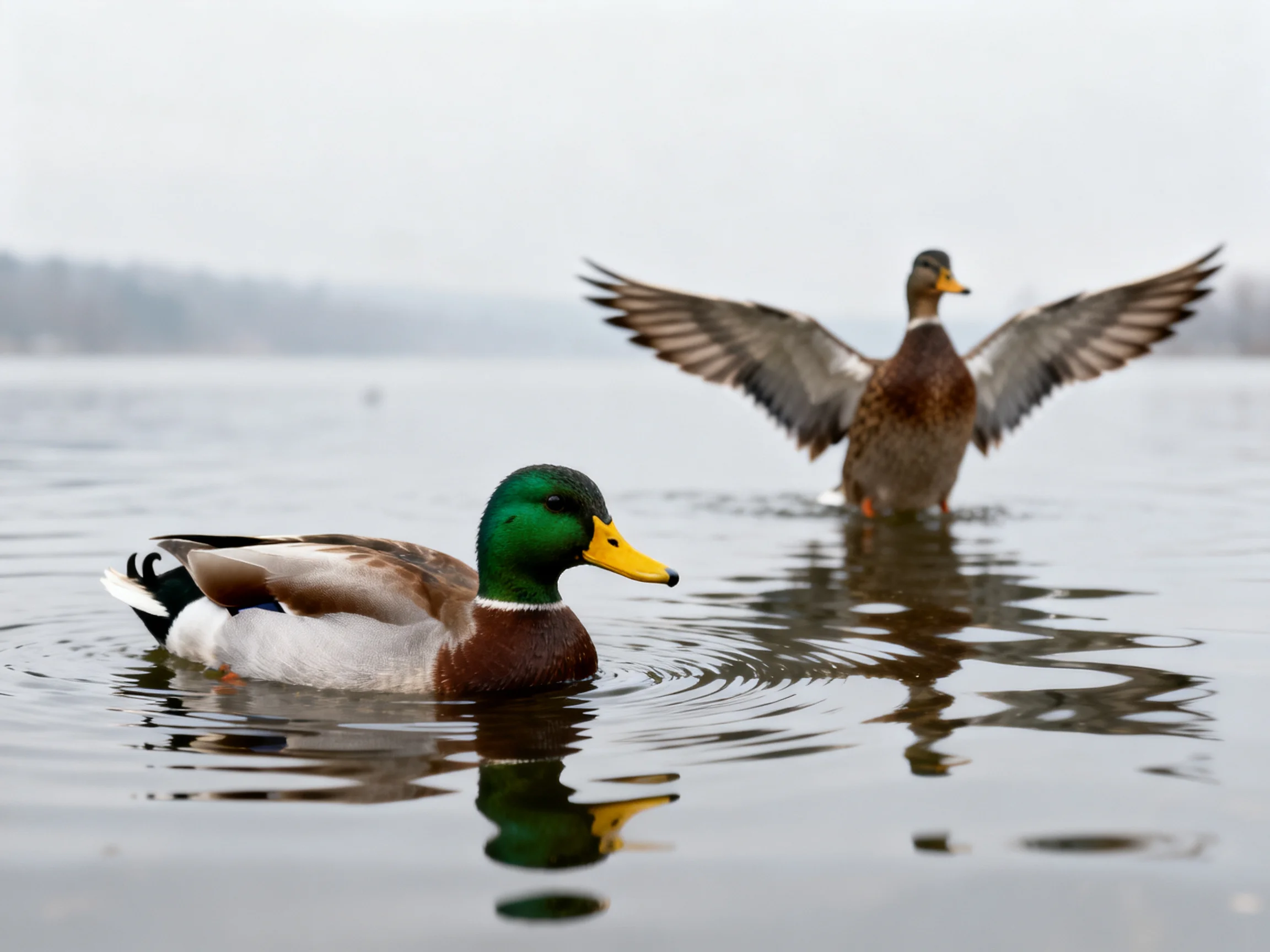 Two ducks in calm water; one flaps wings, one swims smoothly.
