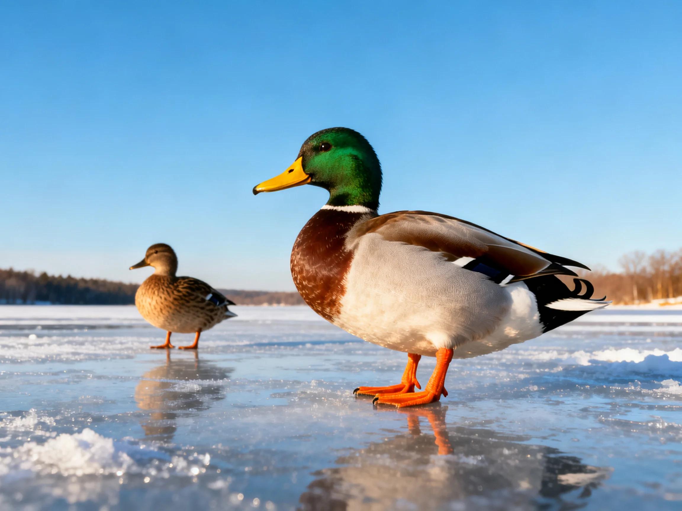 Two ducks, including a mallard, on a frozen body of water