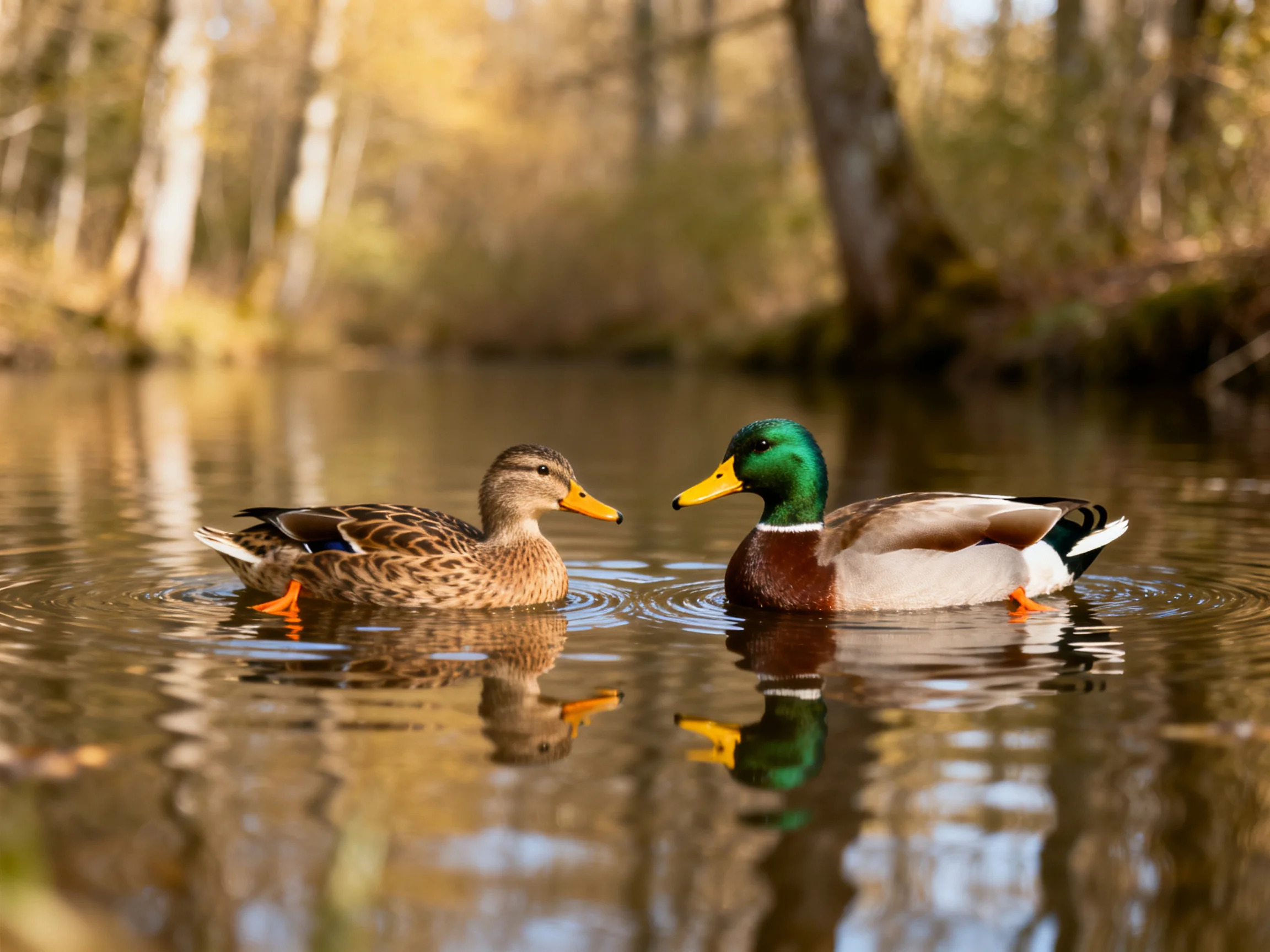 Two ducks interact in a serene forest pond