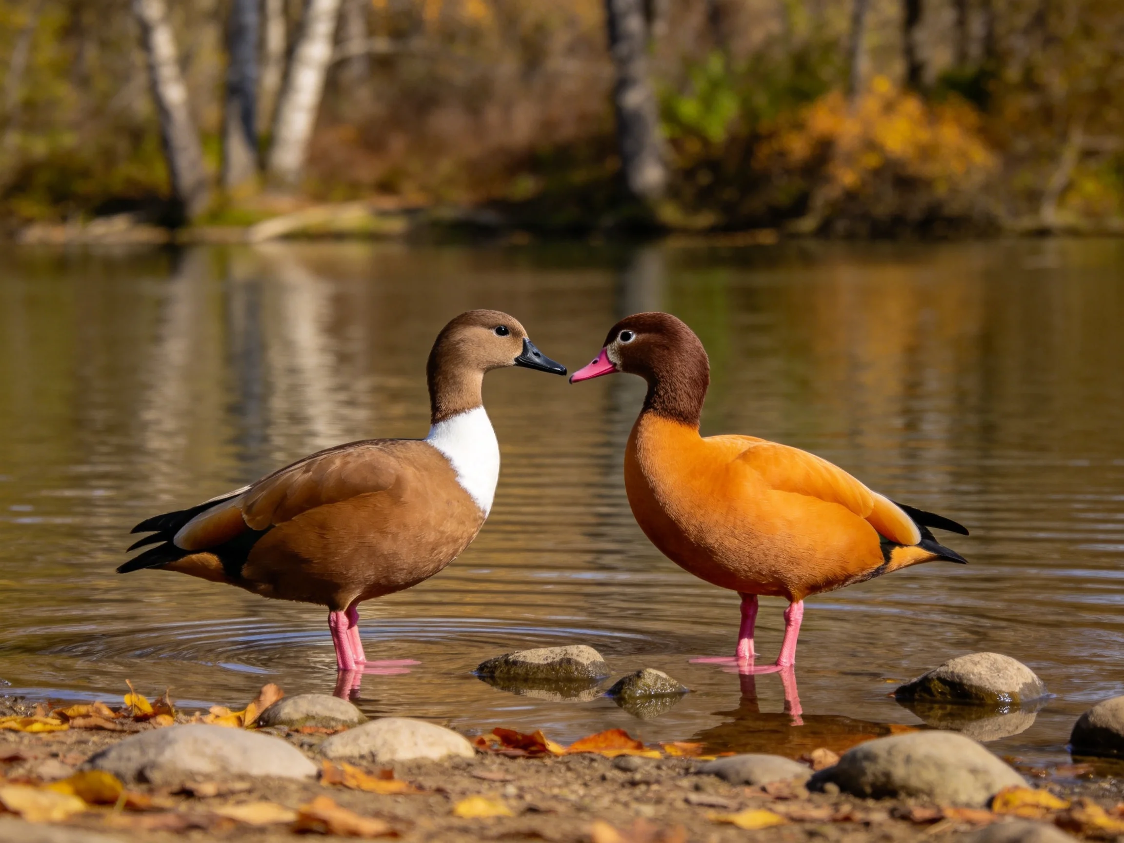 Two ducks interact near rocky shoreline waters