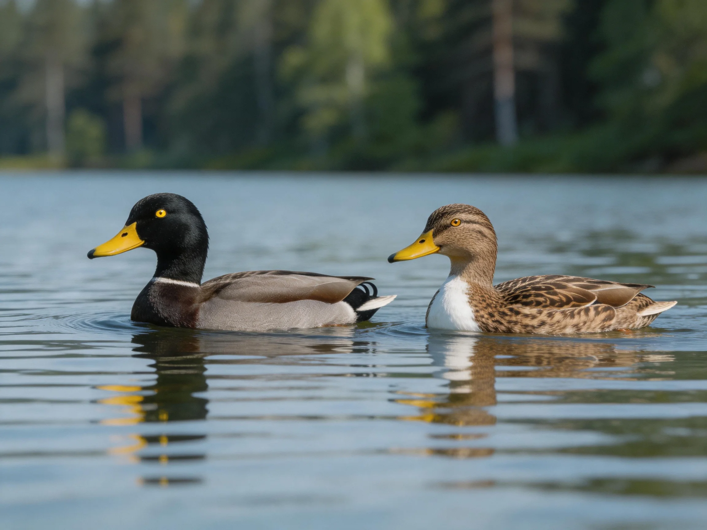 Two ducks, one black and gray, one brown and white, swim in calm water near forested shore.