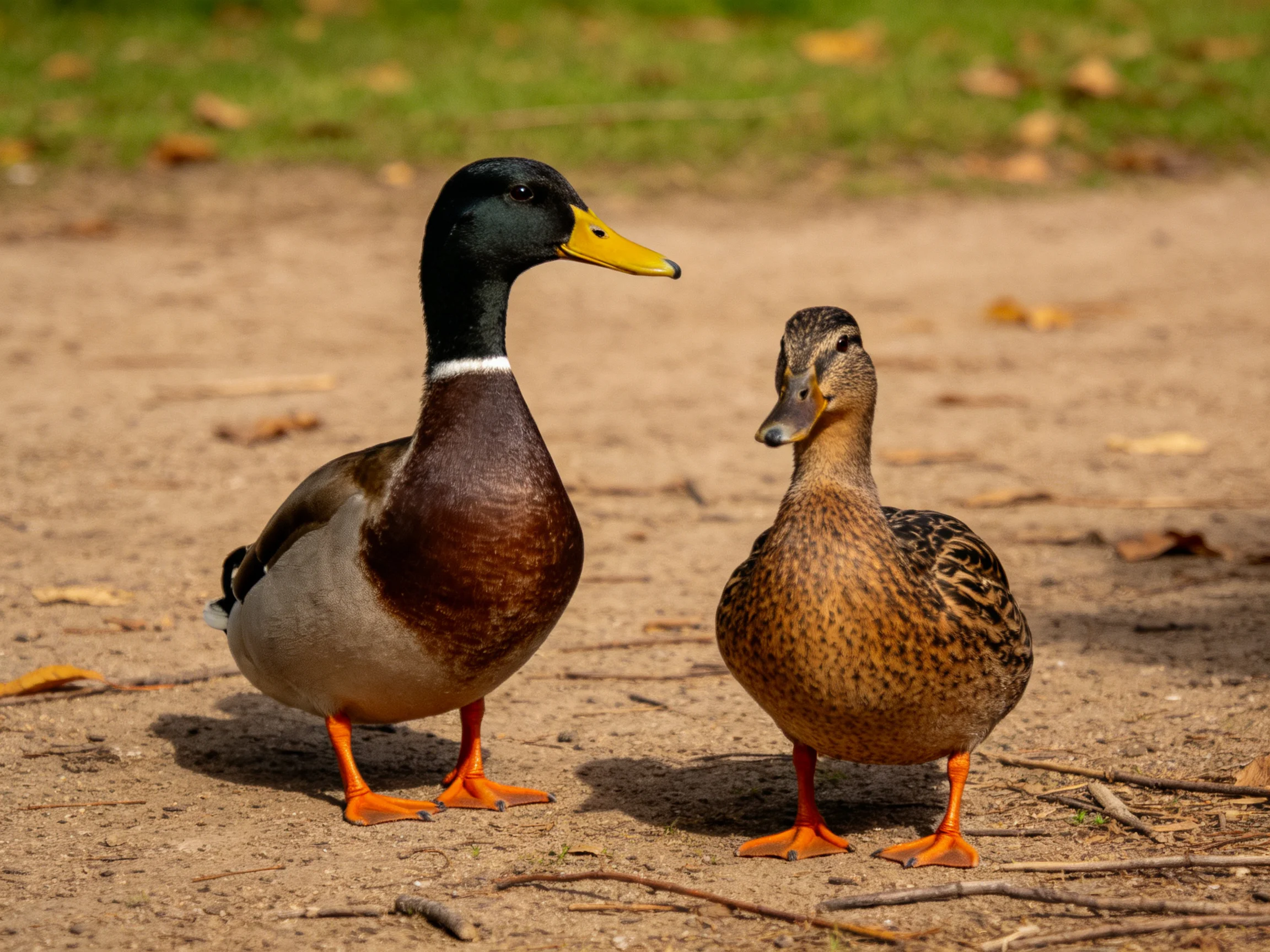 Two ducks, one black-headed with yellow beak, one brown-speckled, on dirt path.
