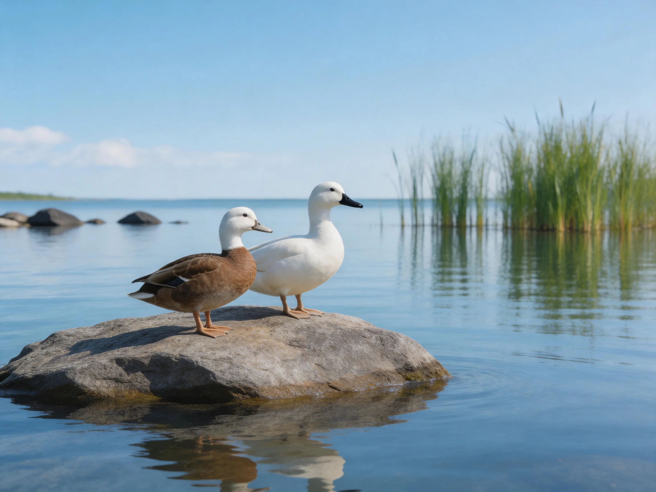 Two ducks, one brown and one white, stand on a rocky outcrop over calm water
