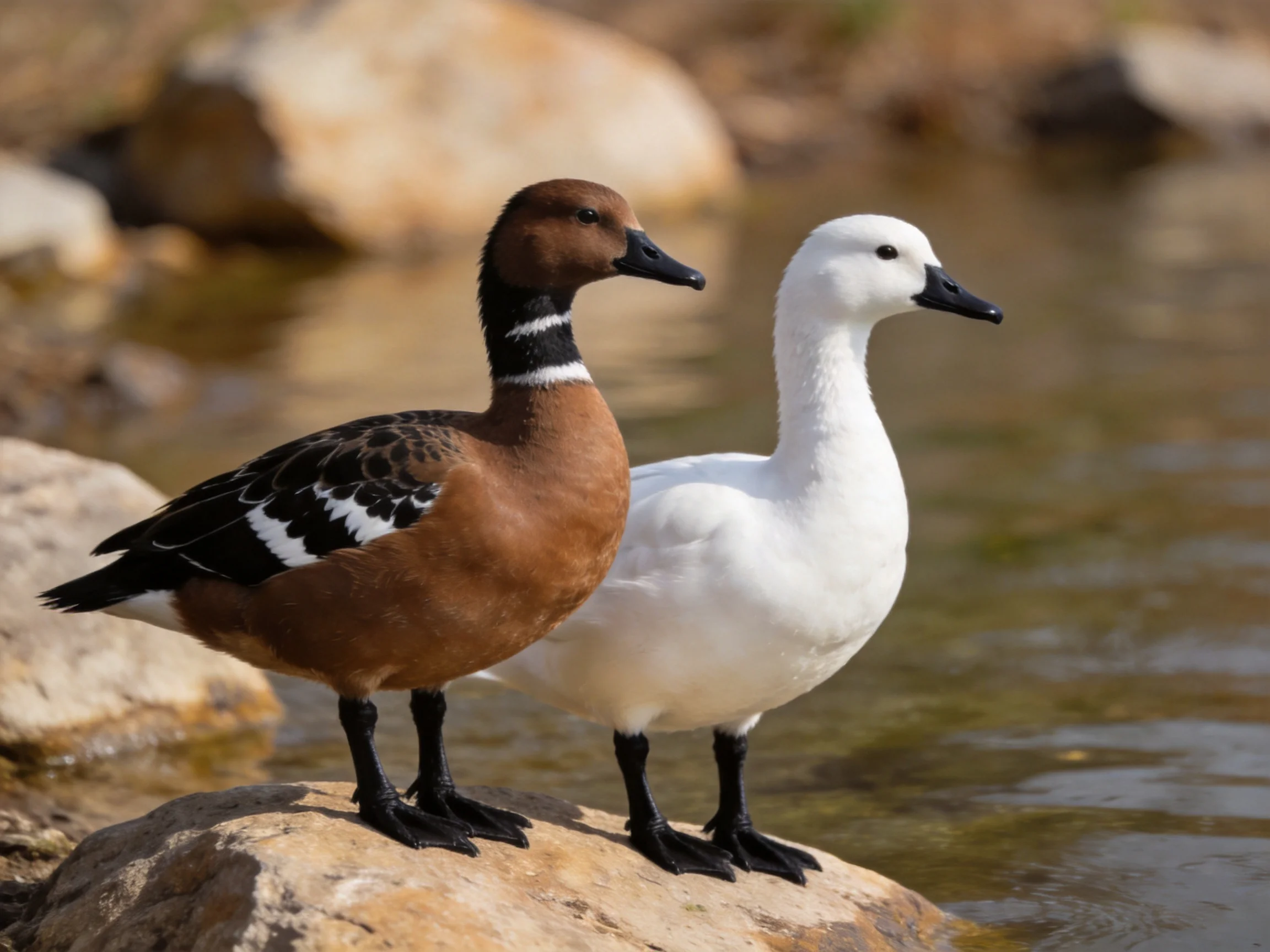 Two ducks, one brown with black-and-white wings, one white, by rocky water