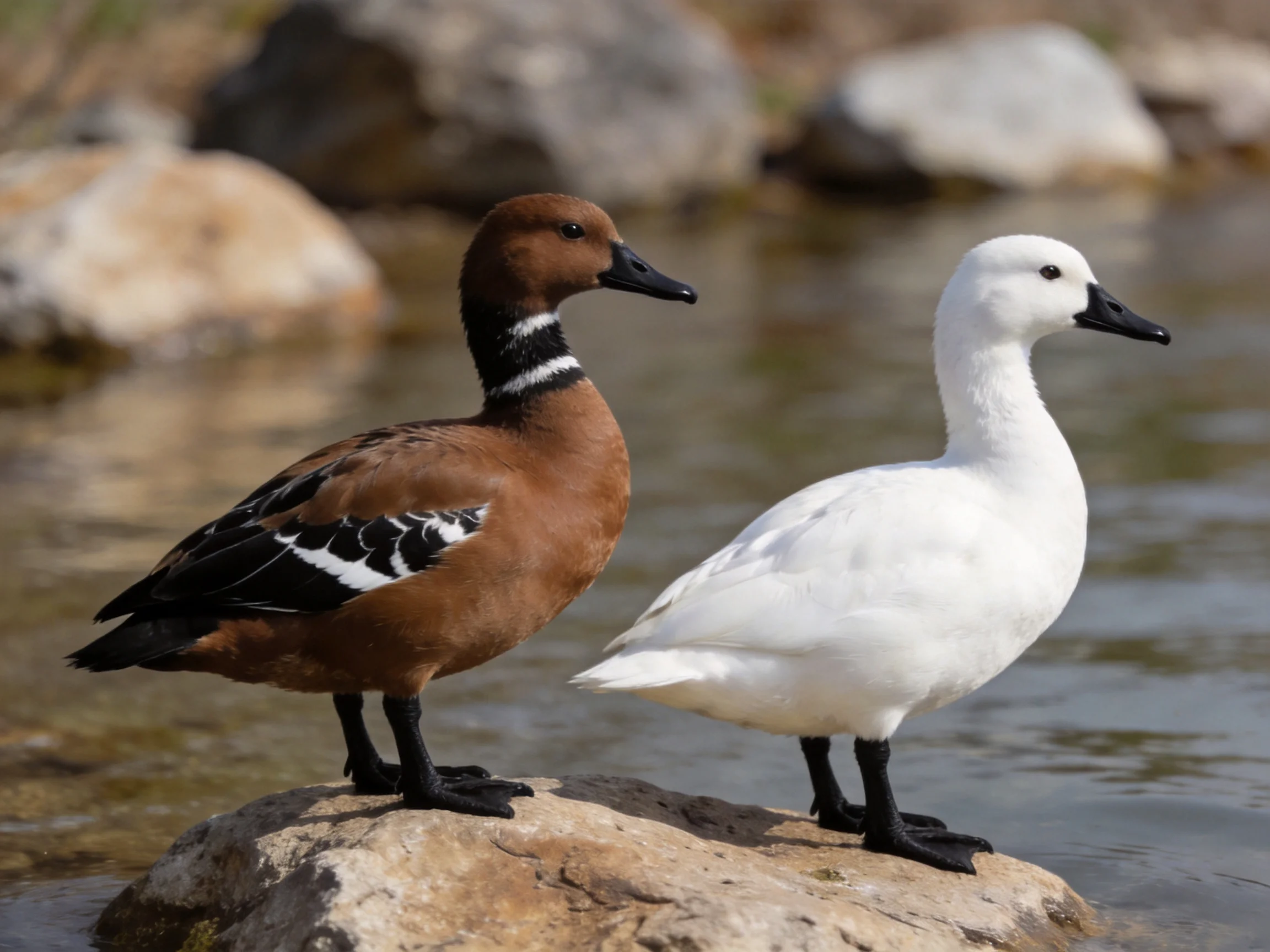 Two ducks, one brown with black markings, one white, perch on a rock by calm water.