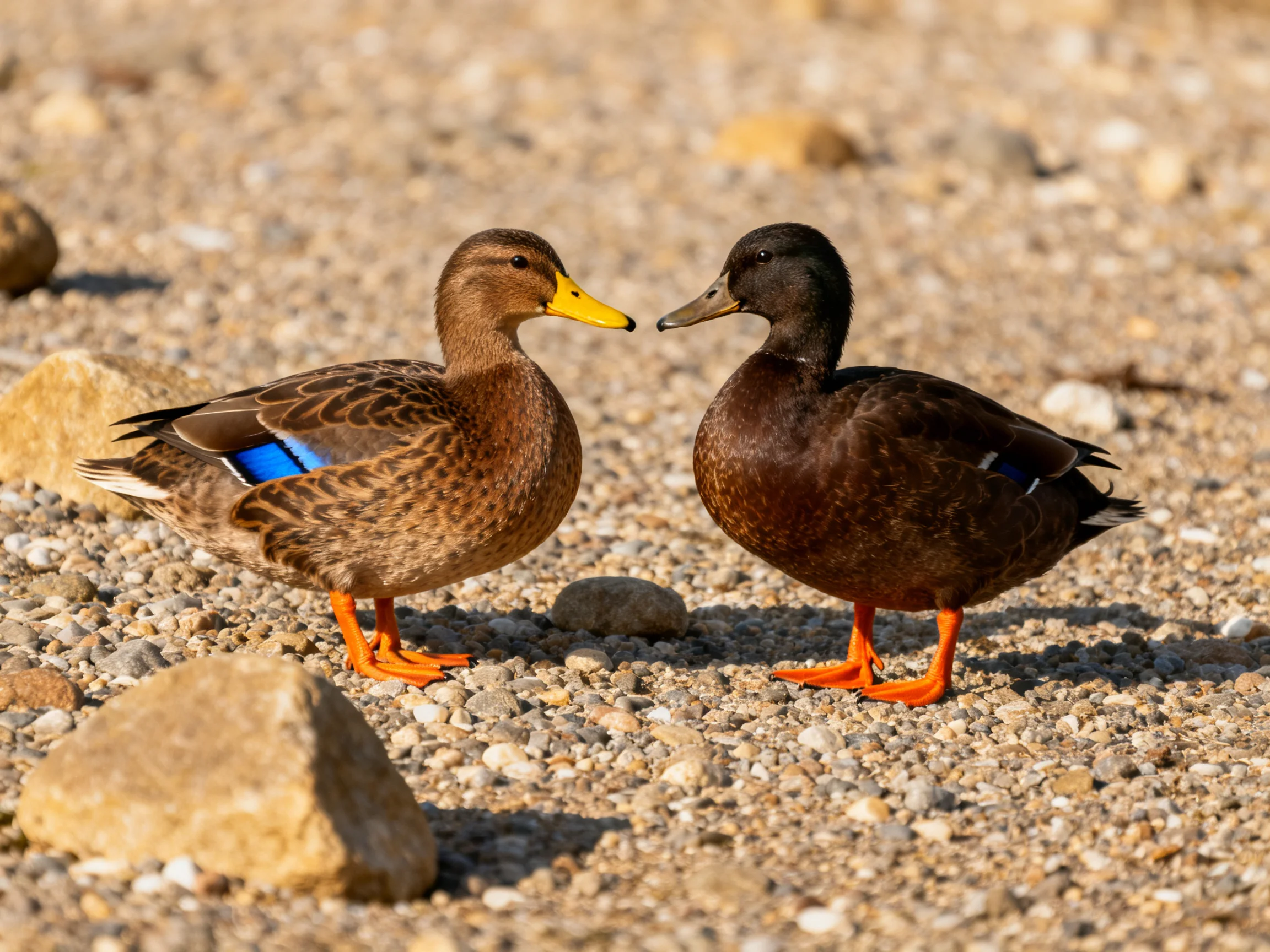 Two ducks, one brown with blue wing marking, one dark brown, on gravelly terrain