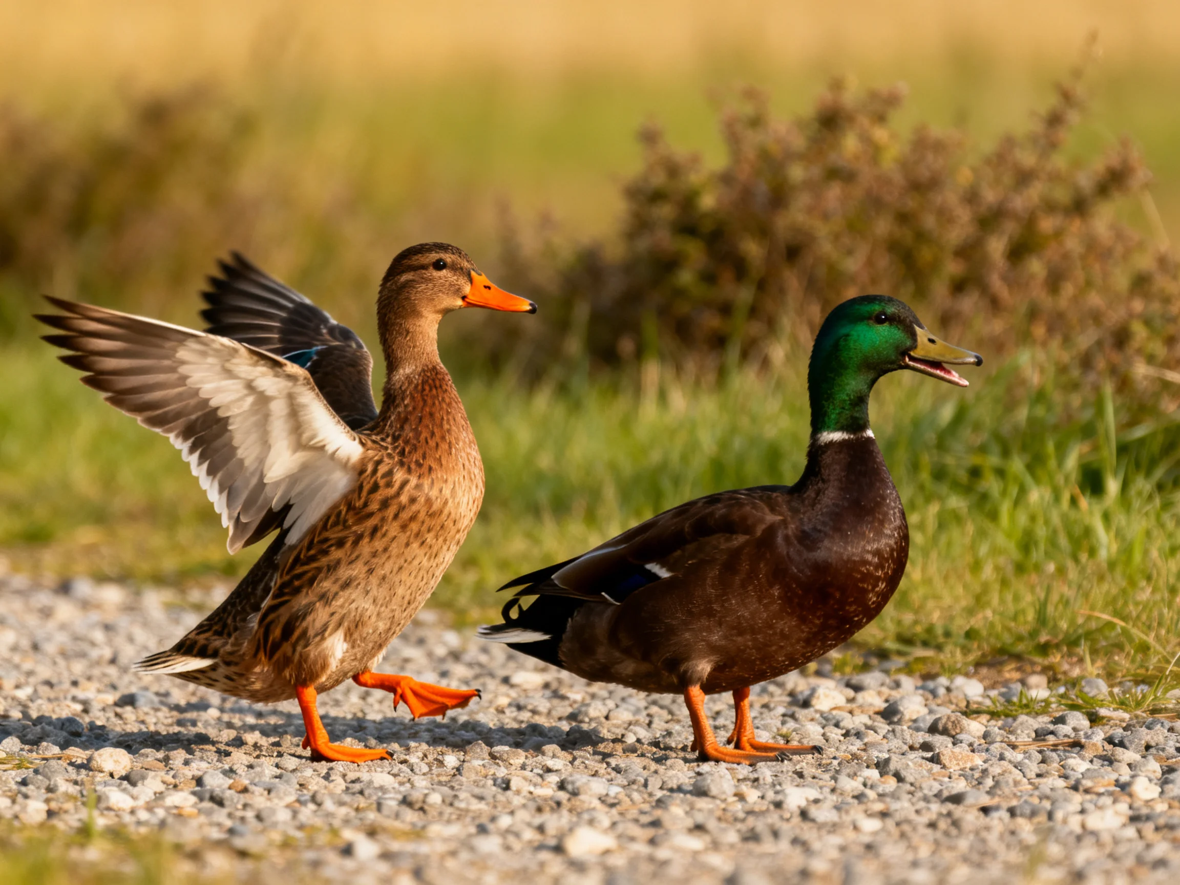 Two ducks, one flapping wings, on gravel path