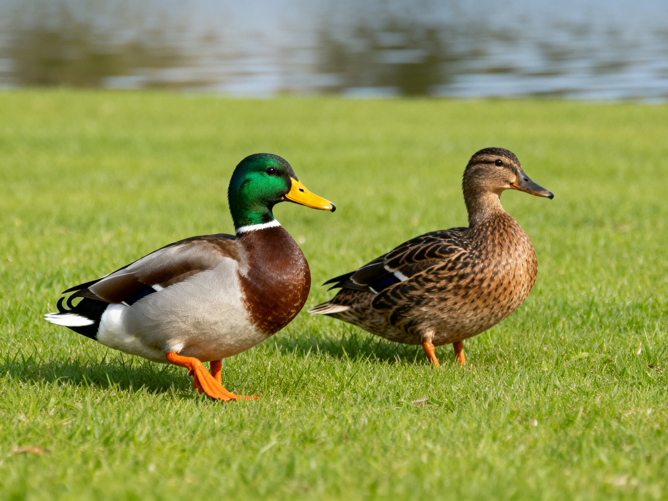 Two ducks, one green-headed male, one brown-speckled female, on grass near water