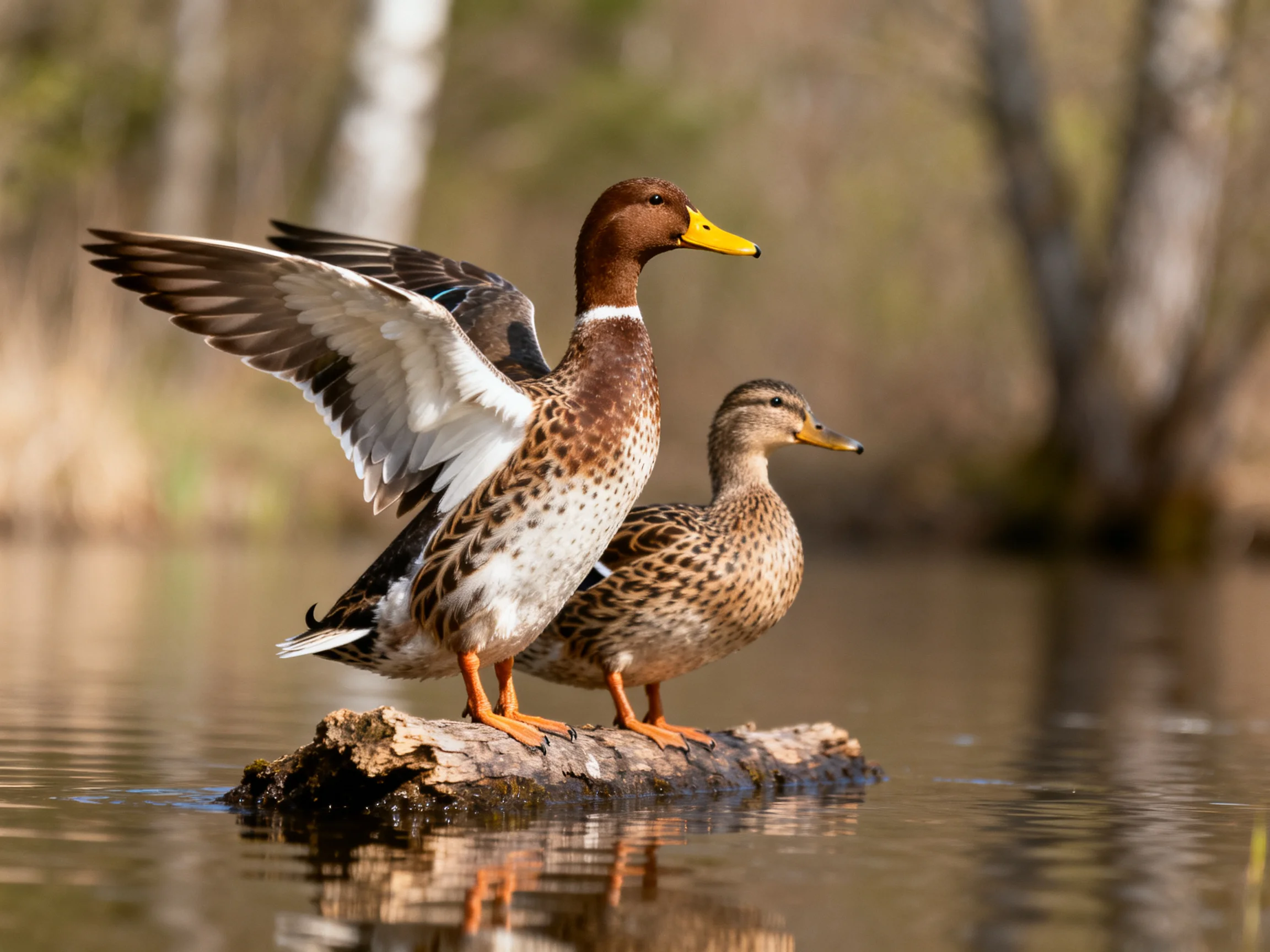 Two ducks, one spreading wings, stand on a log in calm water