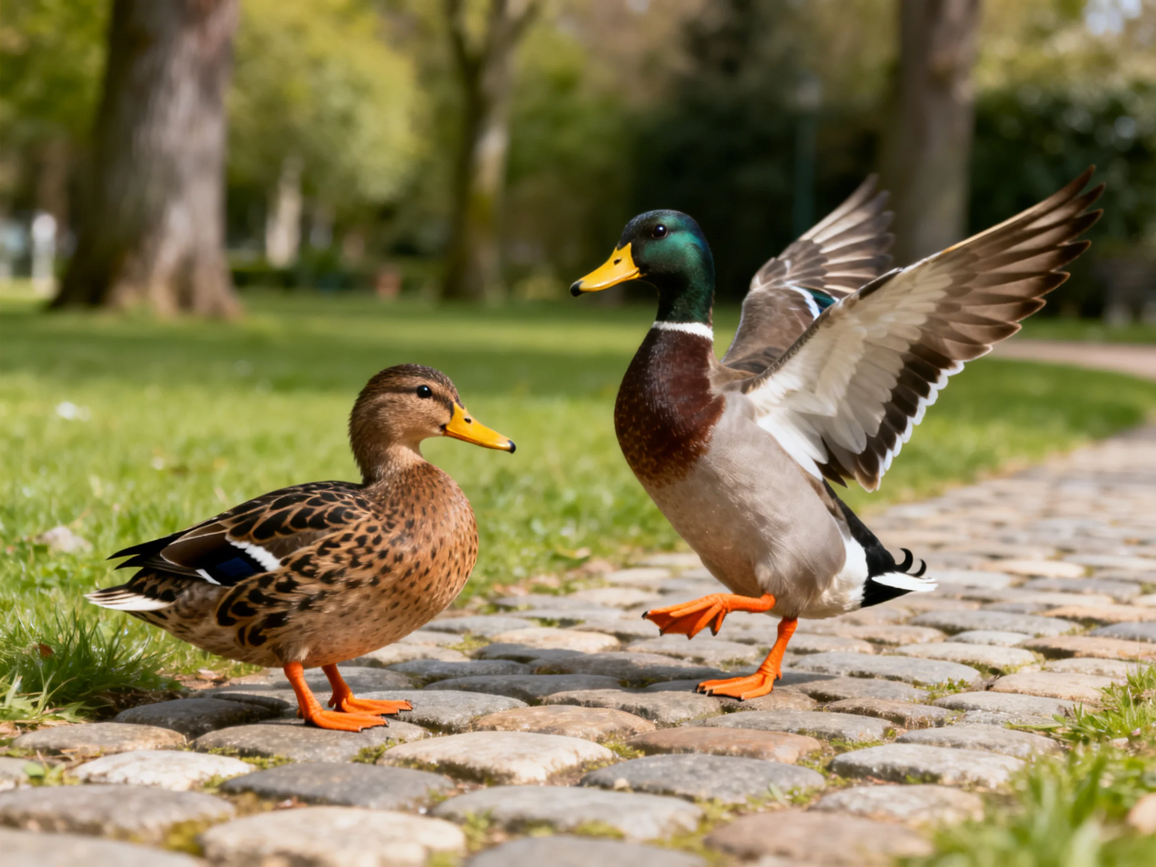 Two ducks, one spreading wings, walk along a cobblestone path in a sunlit park