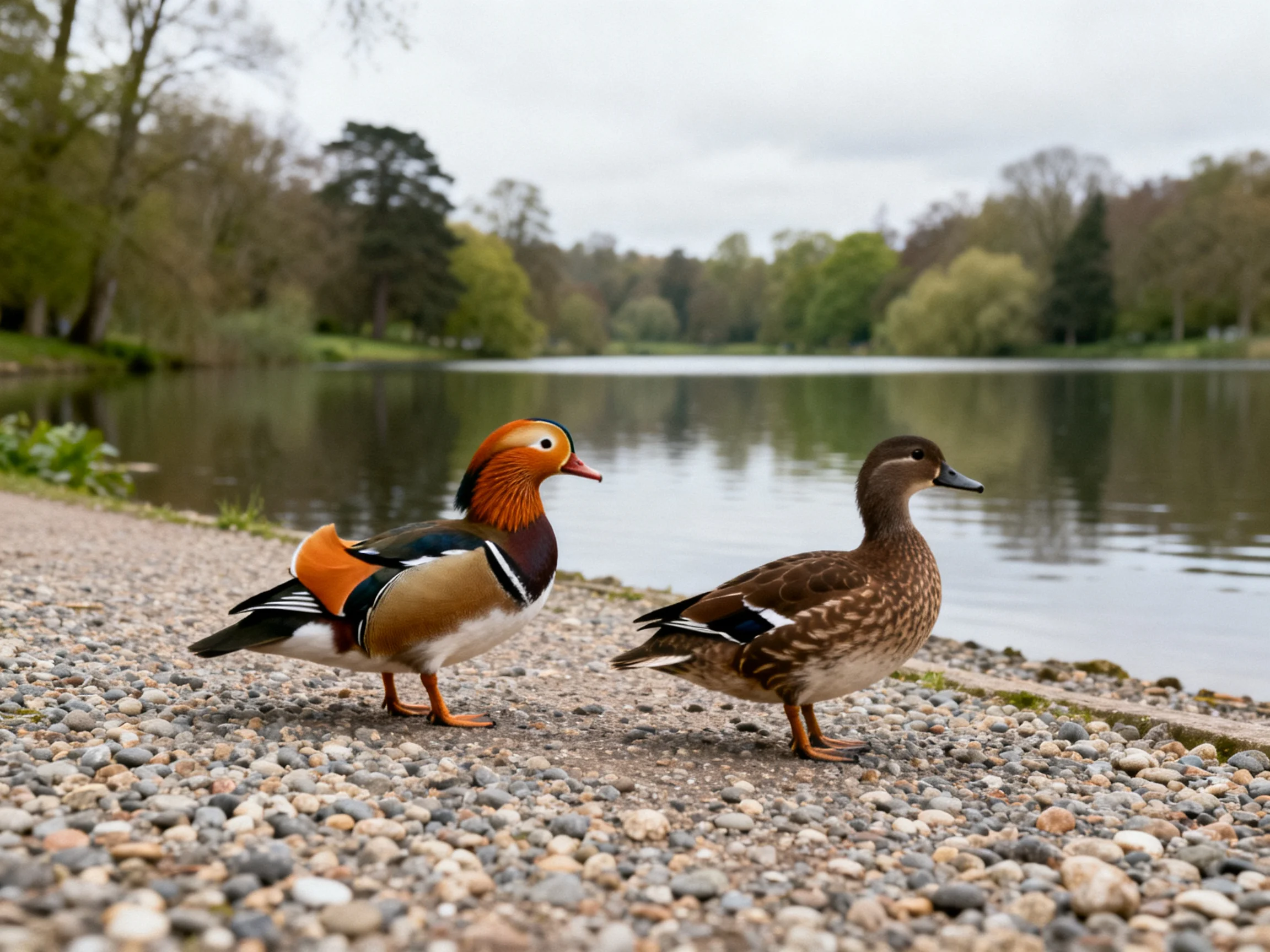 Two ducks, one vibrant mandarin, one brown, on a pebbly lakeshore