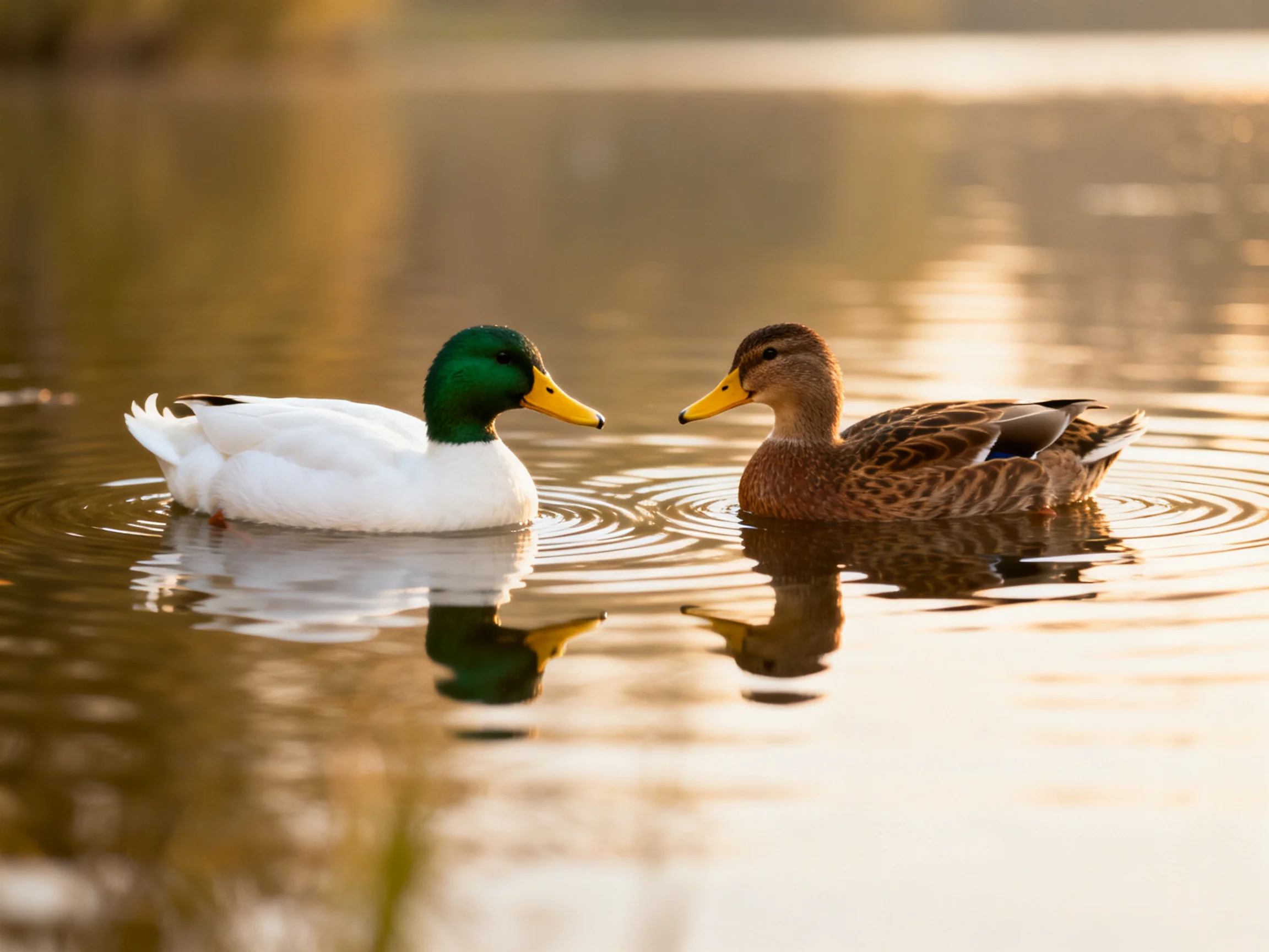 Two ducks, one white with green head, one brown, swim in calm water with reflections