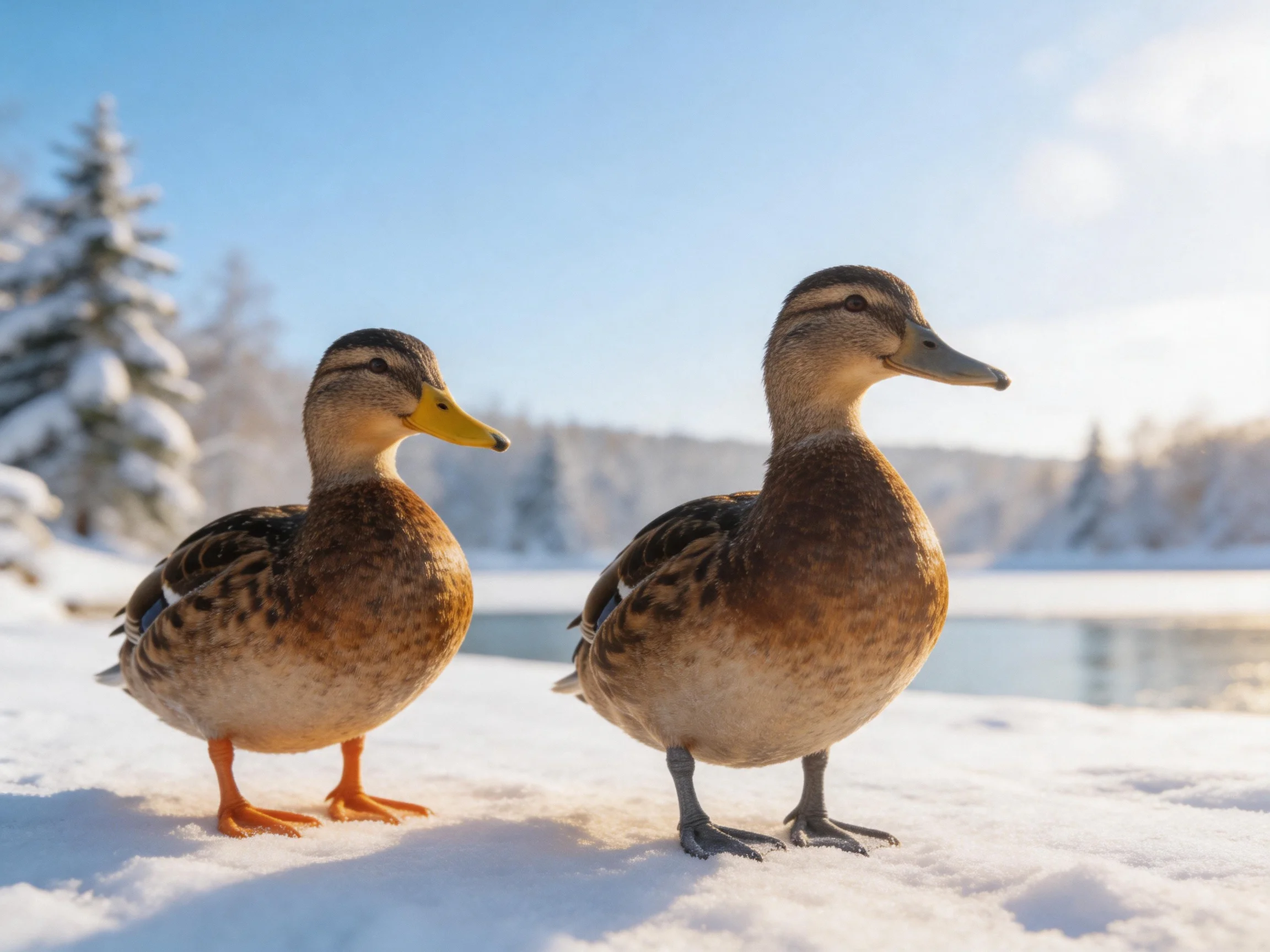 Two ducks stand on snow near a frozen lake with snow-covered trees