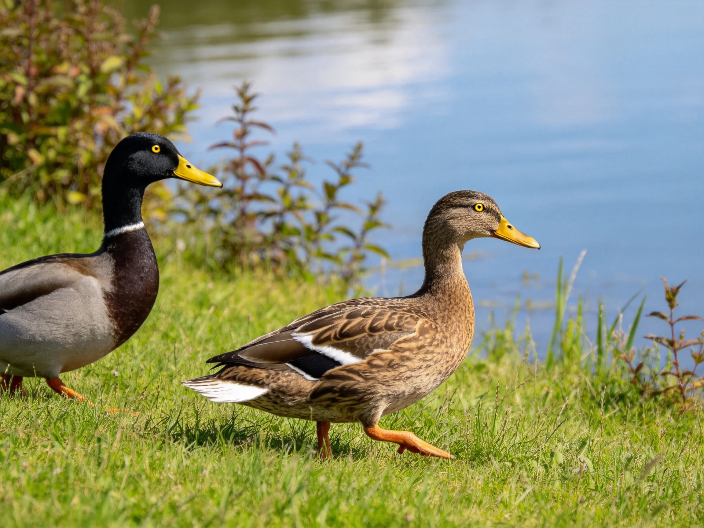 Two ducks stroll on a grassy lakeside edge