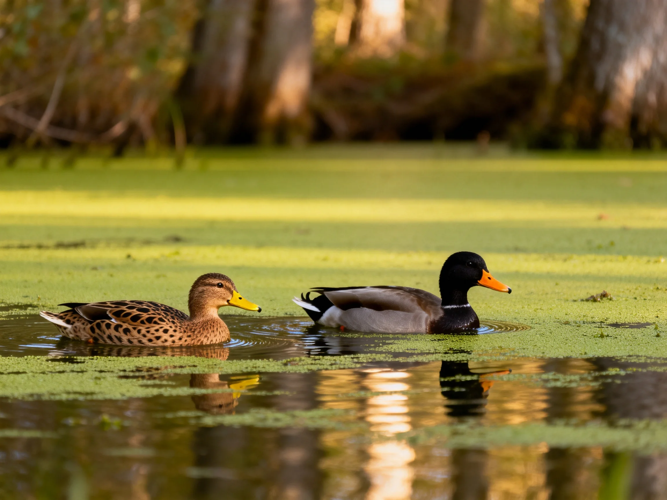Two ducks swim amid green algae in a sun-dappled wetland