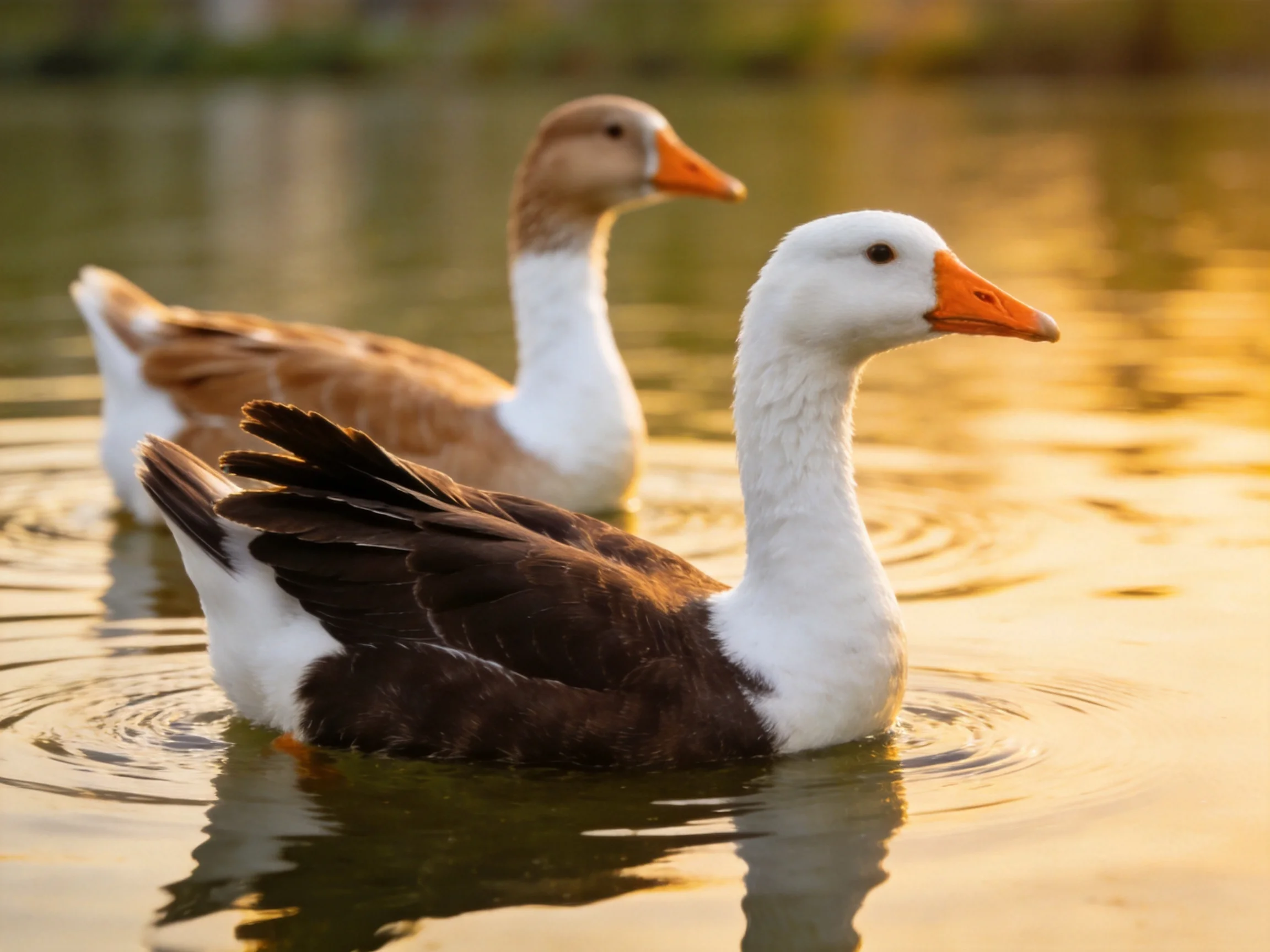 Two ducks swim gracefully in golden water with contrasting plumage