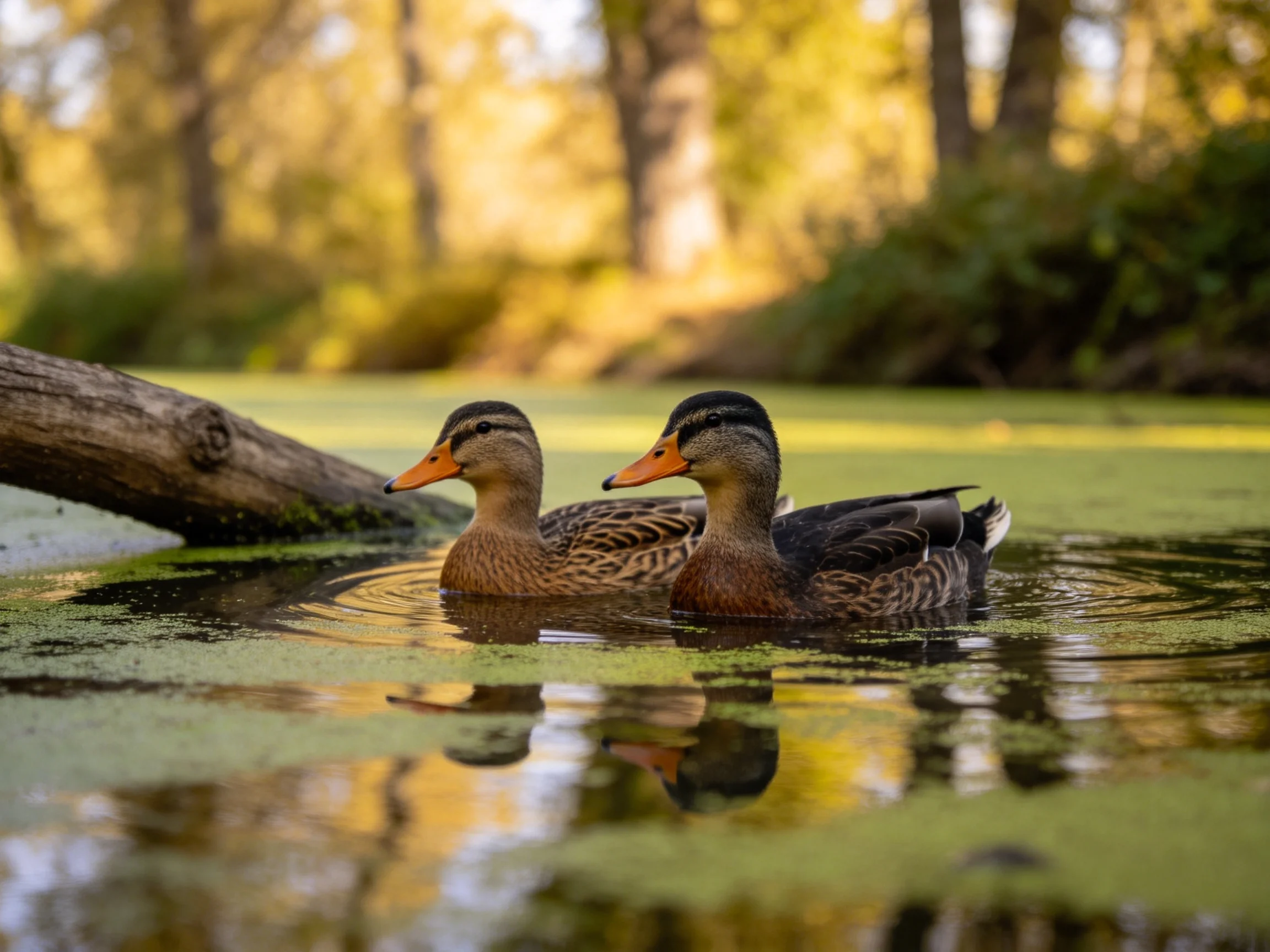Two ducks swim in algae-filled water near a fallen log with forest surroundings