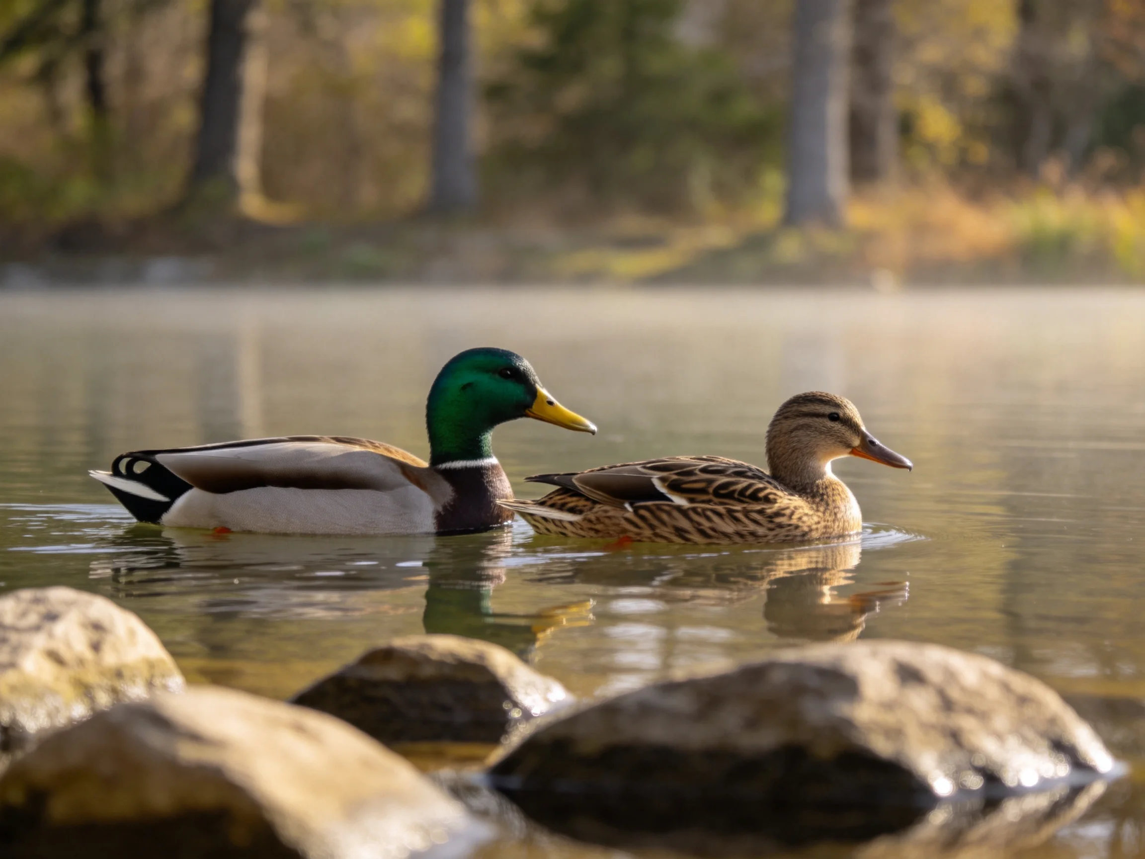 Two ducks swim in calm water near rocky shore with forest backdrop