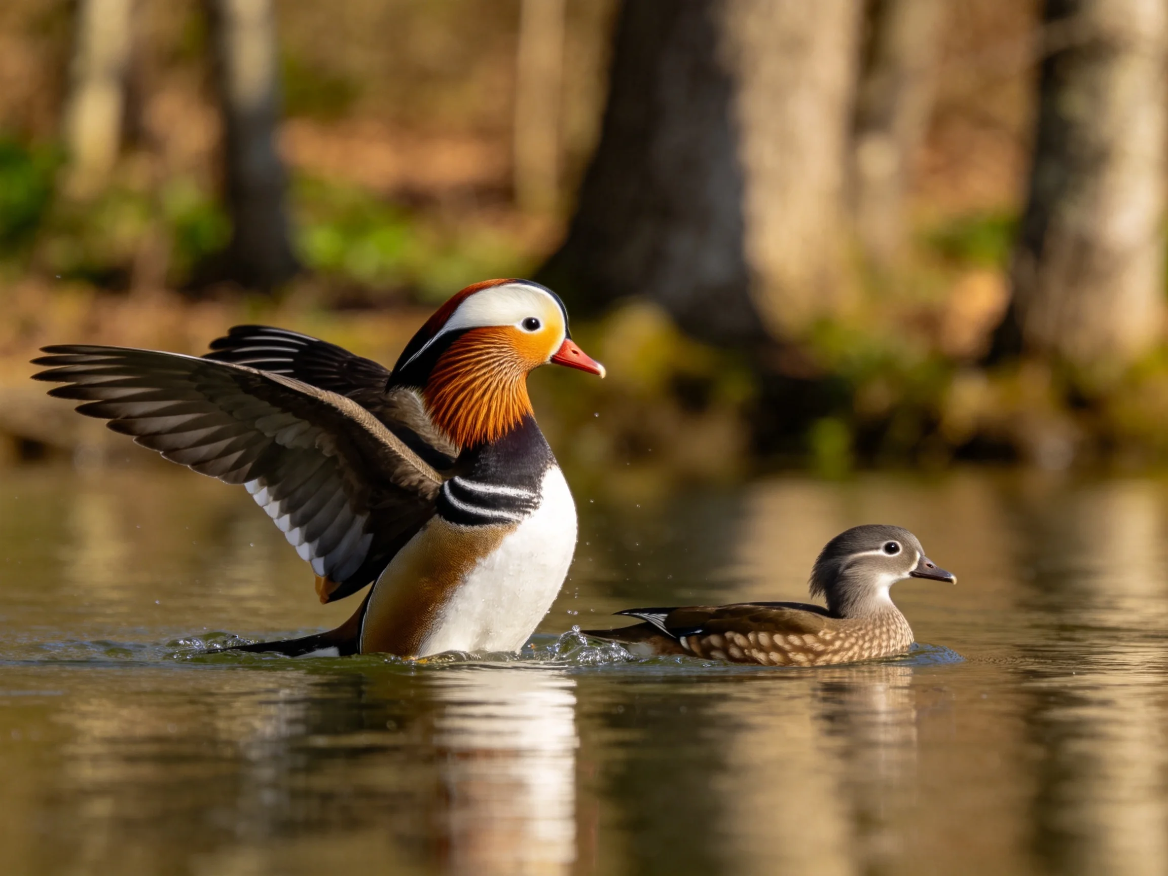 Two ducks swim; one displays vibrant orange, white, and black plumage.