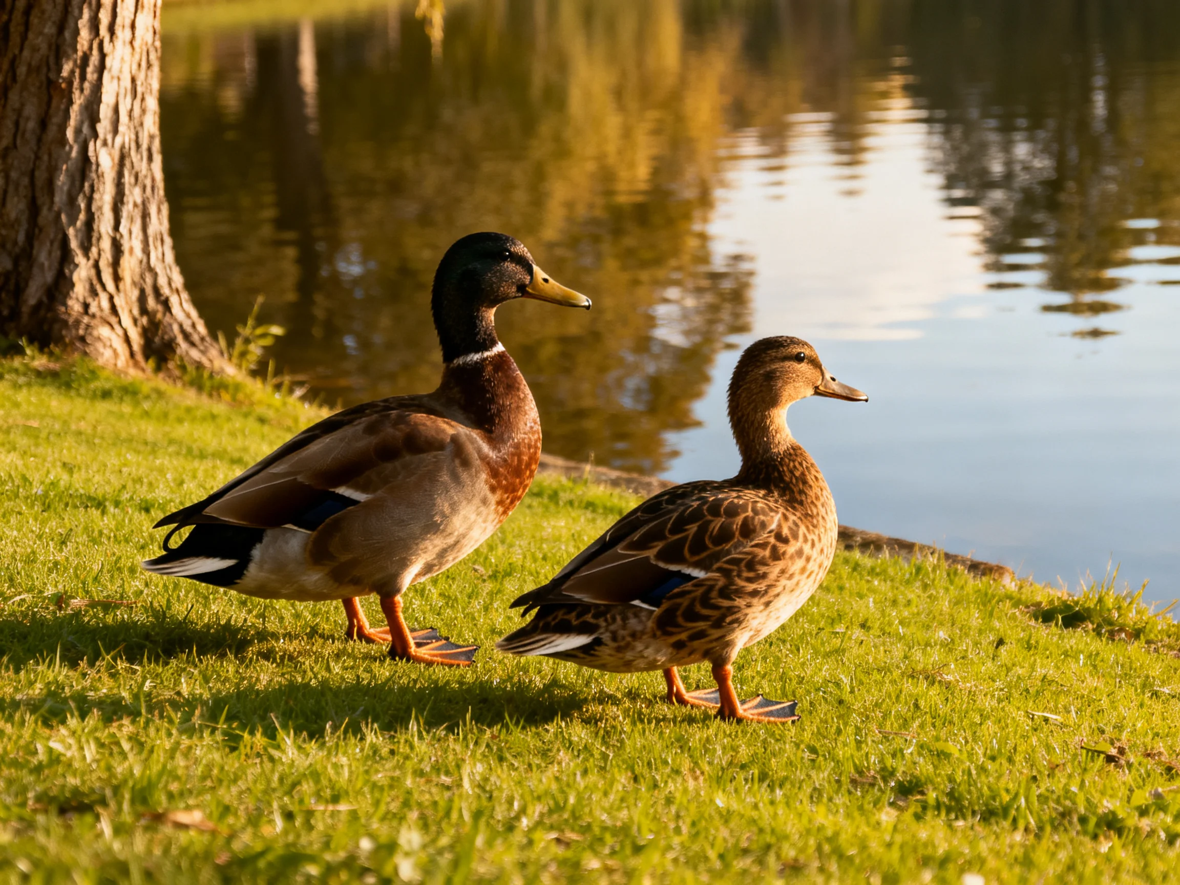Two ducks walk on green grass beside a calm pond with a large tree