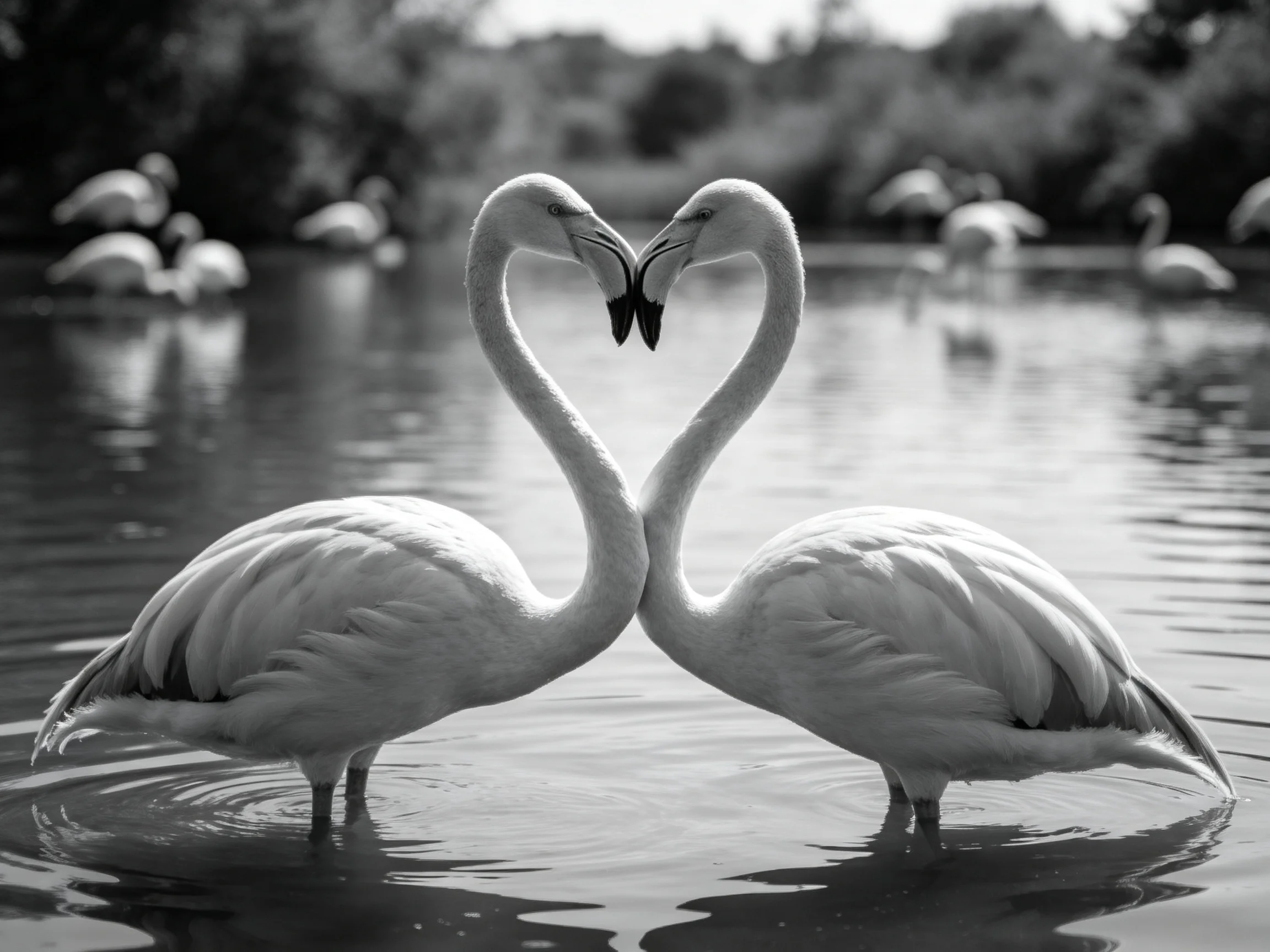 Two flamingos form a heart shape in shallow water with distant companions