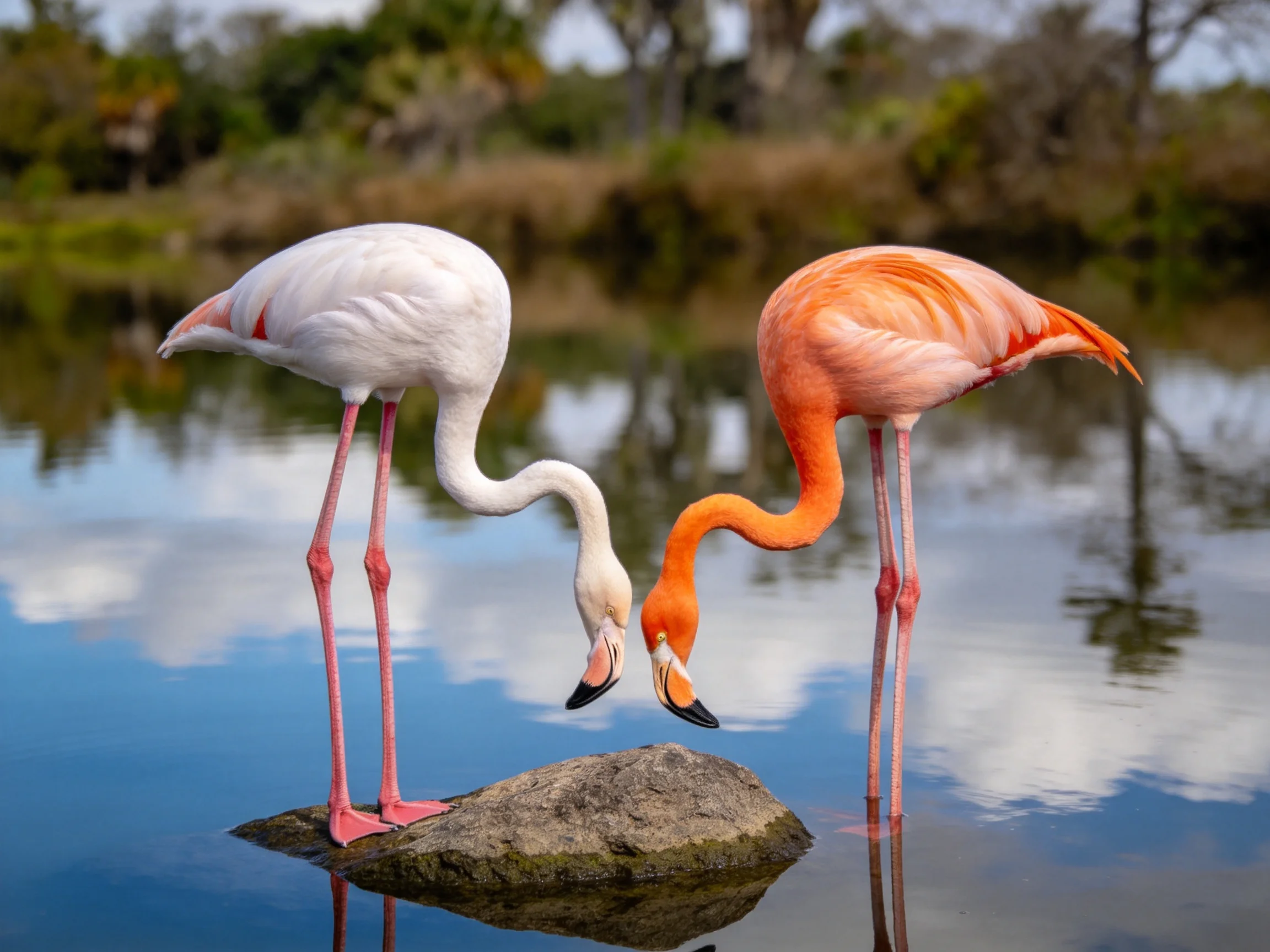 Two flamingos, one white and one orange-pink, stand on a rock by calm water