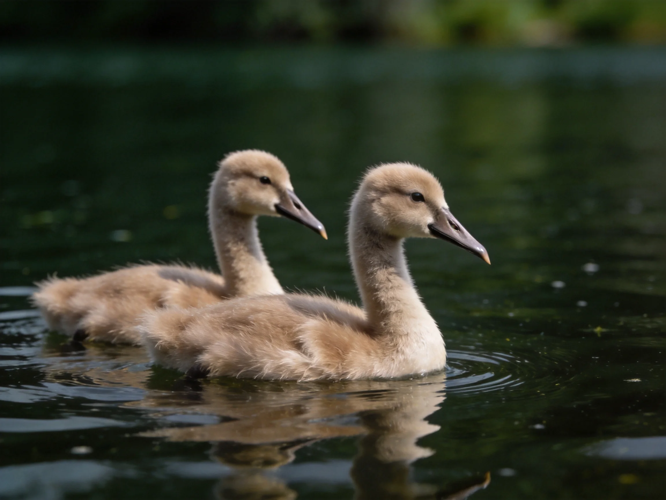 Two fluffy brown cygnets glide through dark green water