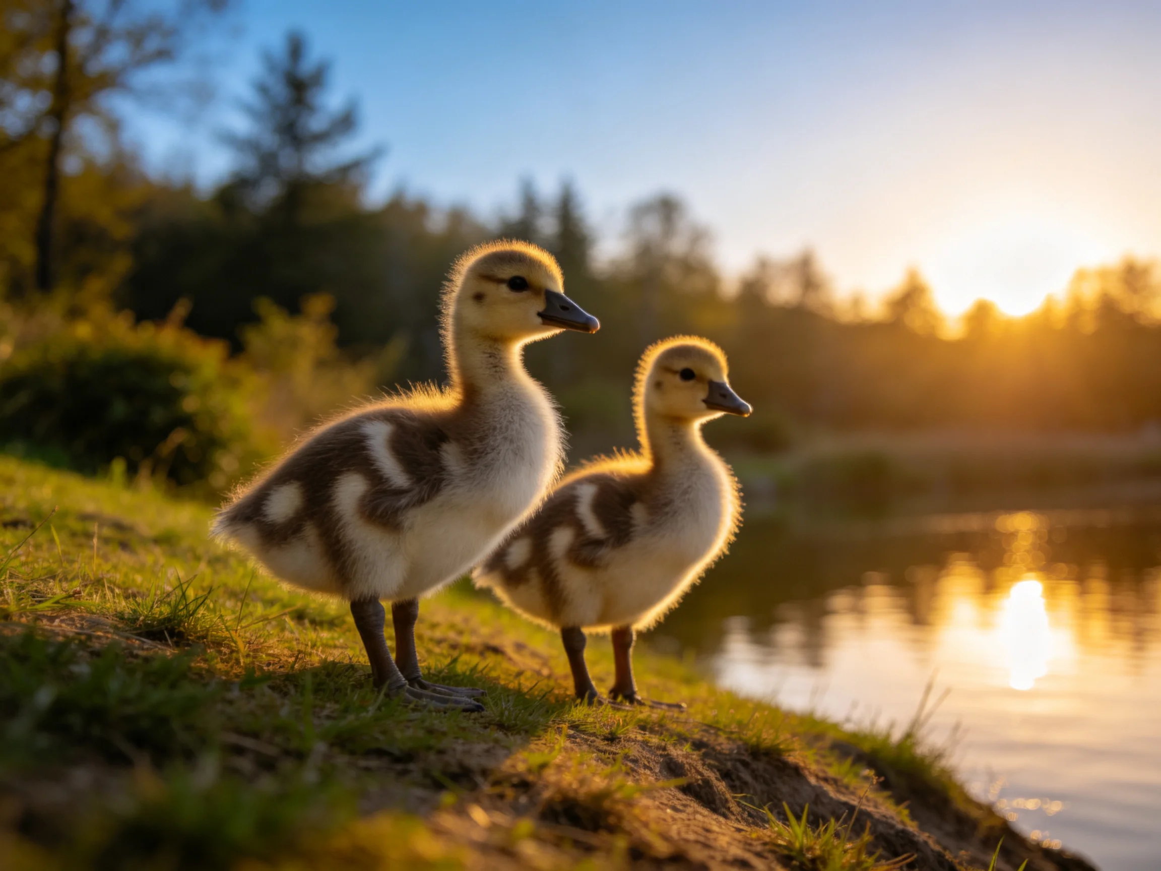 Two fluffy ducklings by a serene lakeshore at sunset
