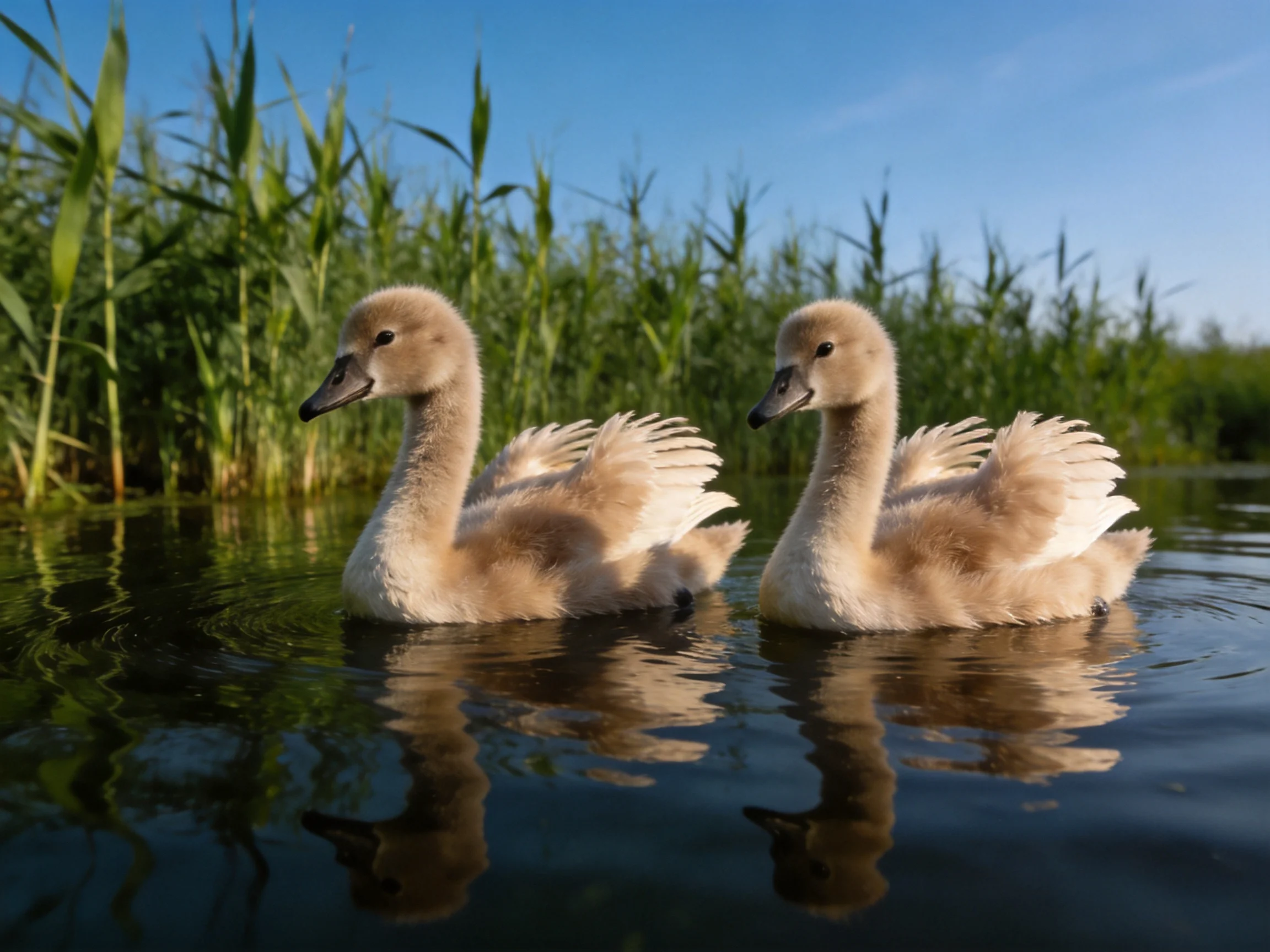 Two fluffy swan cygnets glide through calm water near tall green reeds