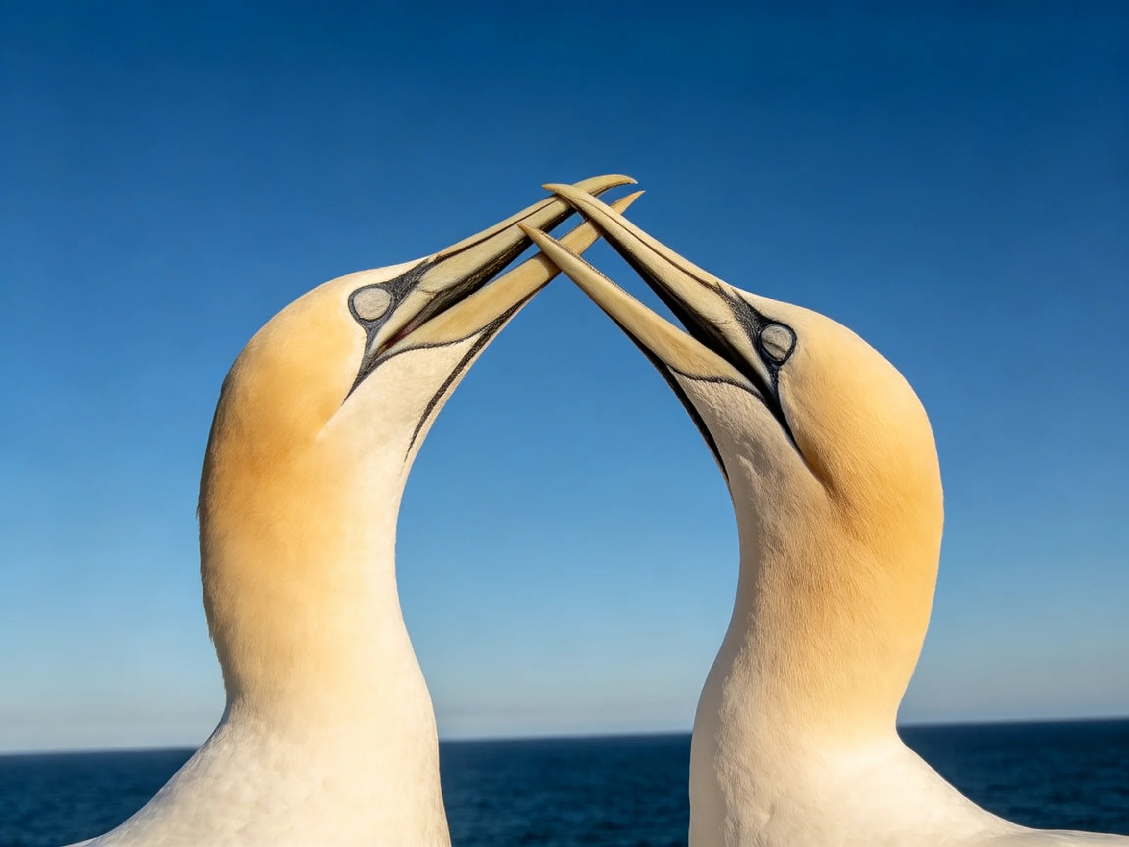 Two gannets with golden heads touch beaks against a clear blue sky