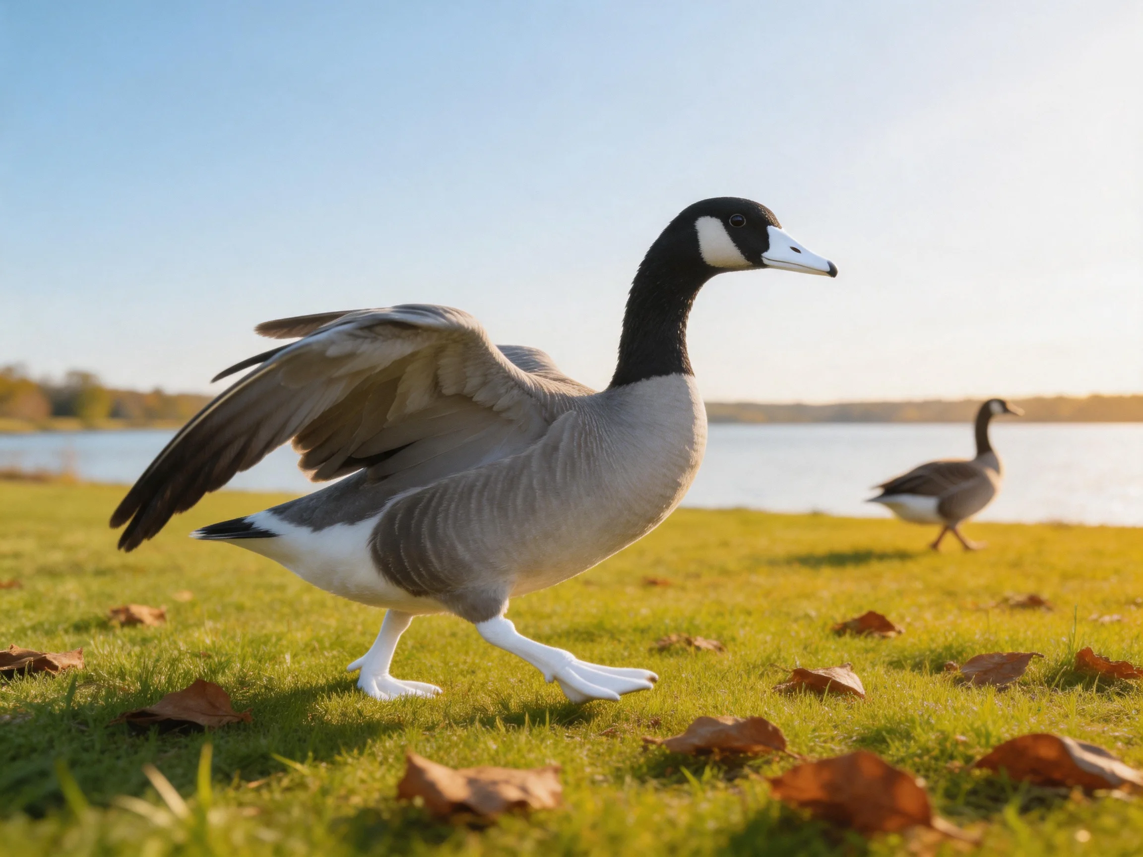 Two geese on a grassy lakeside field with scattered autumn leaves