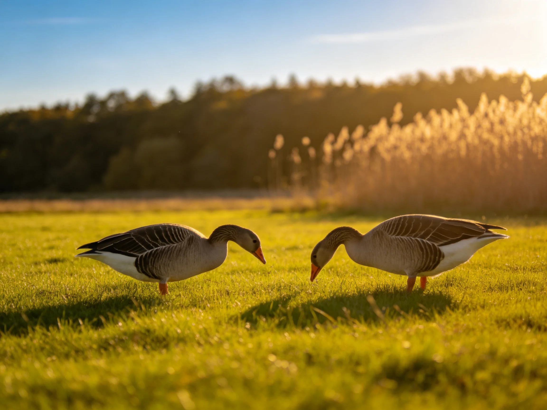 Two geese pecking at grass in a sunlit meadow with reeds and trees