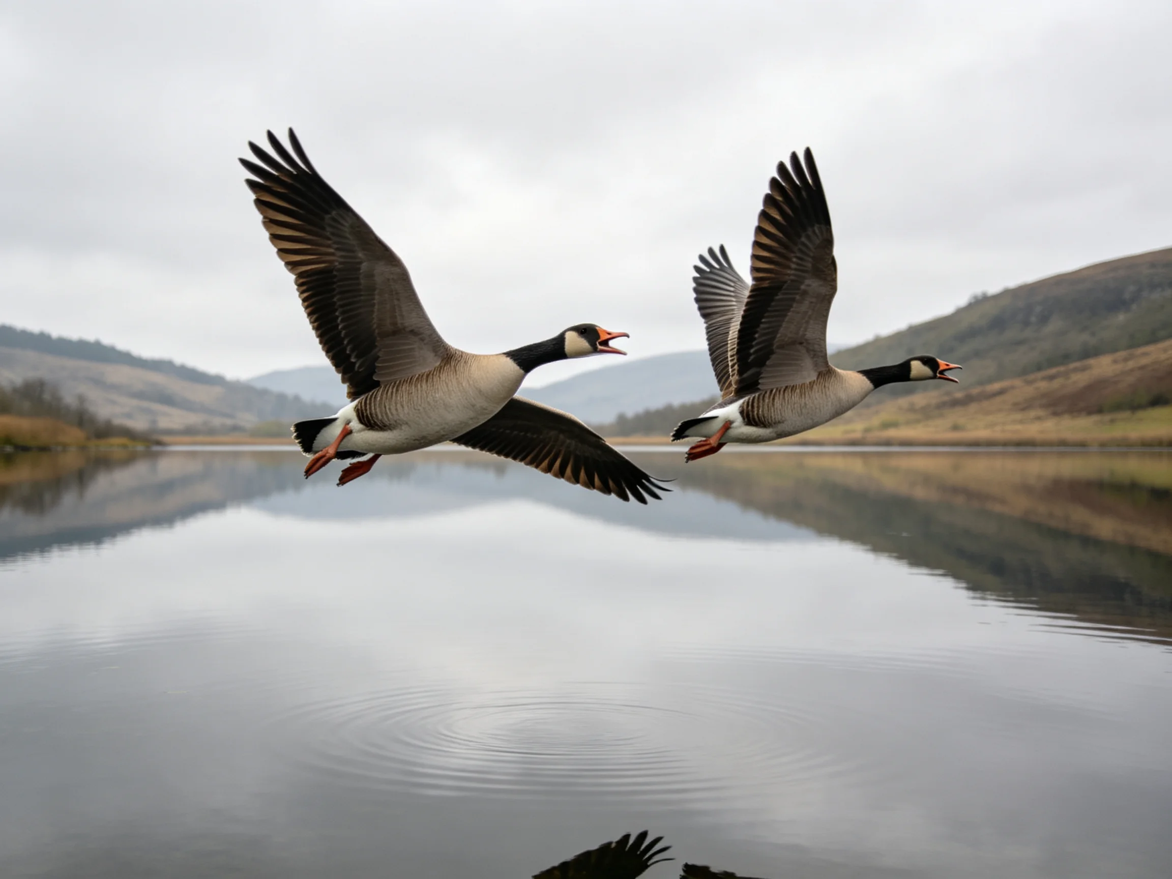 Two geese soar over a calm lake with rolling hills