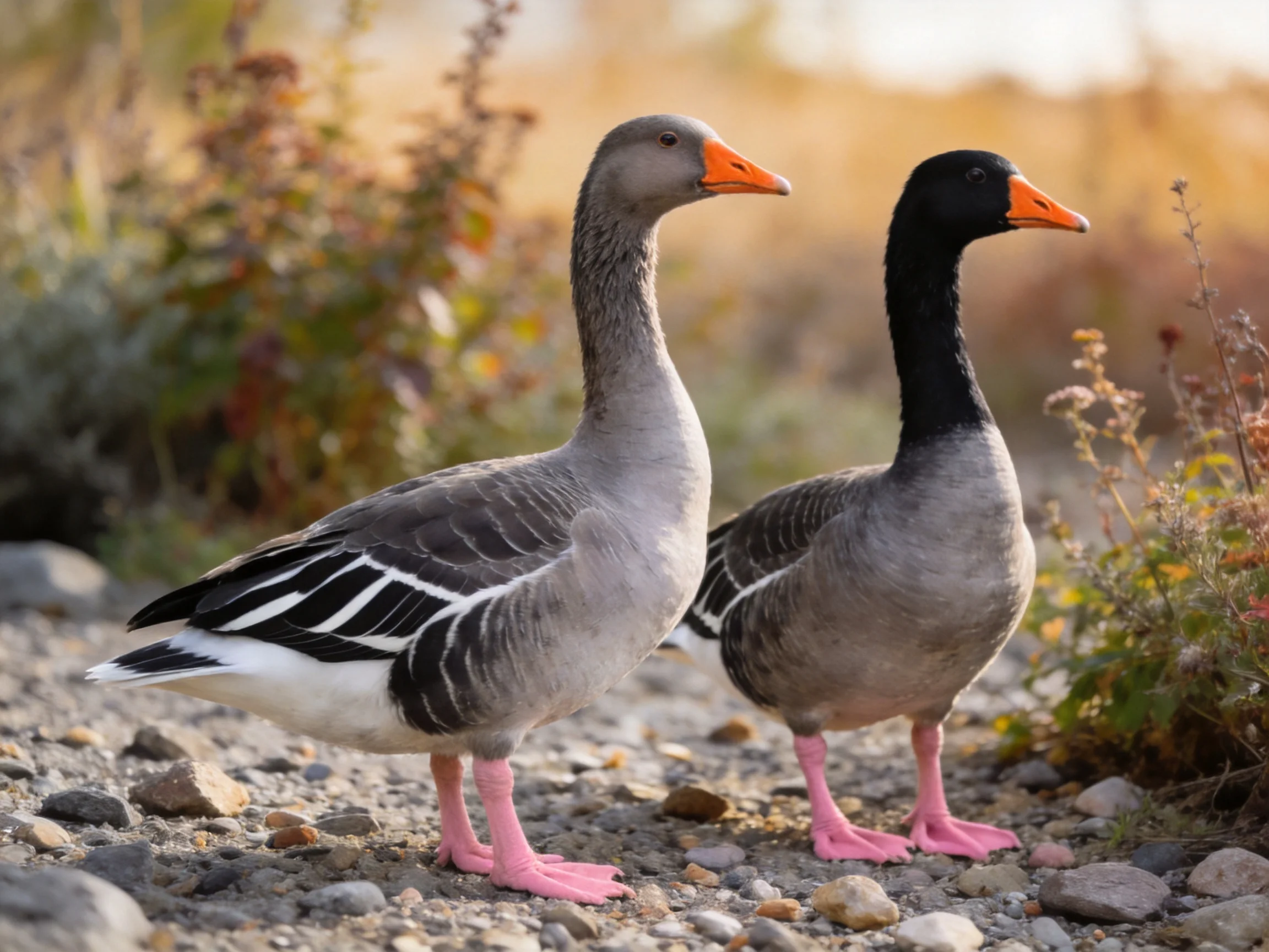 Two geese with black and gray plumage on a rocky path near vegetation