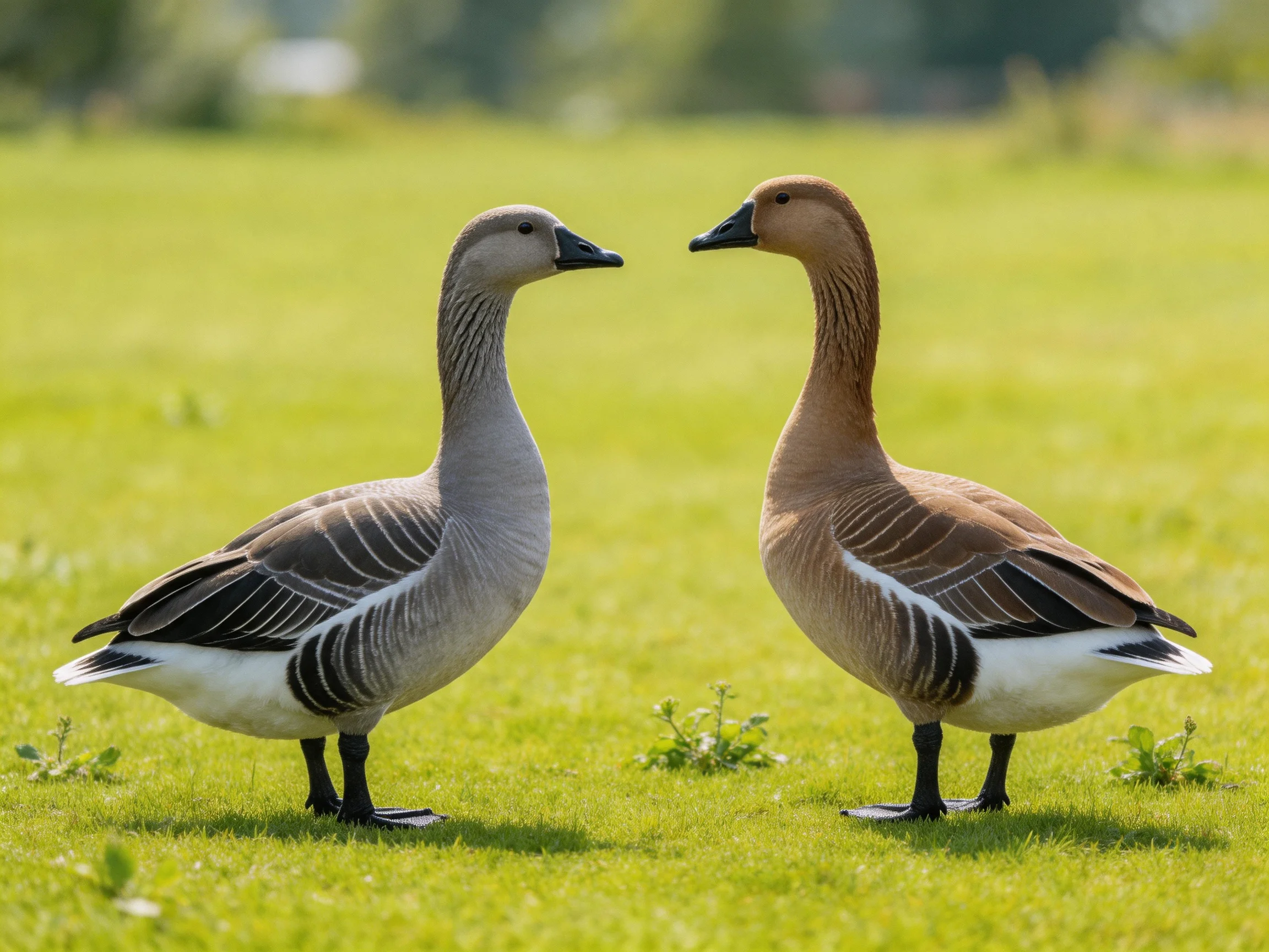 Two geese with contrasting plumages on a bright green meadow