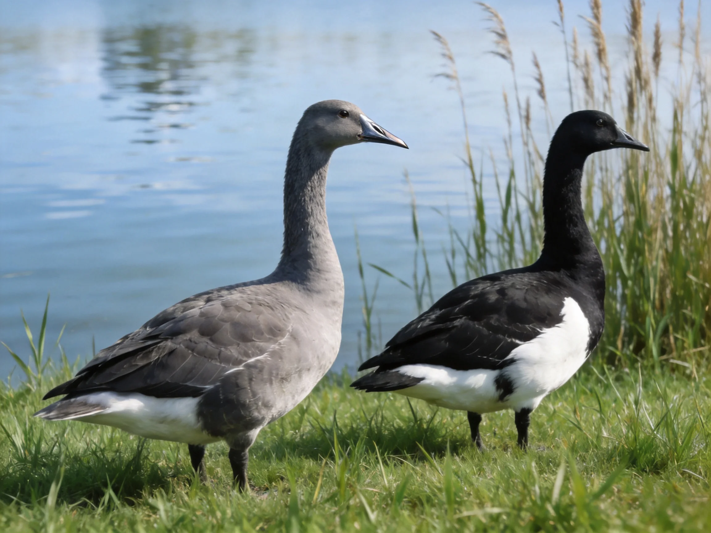 Two geese with contrasting plumages stand by calm water