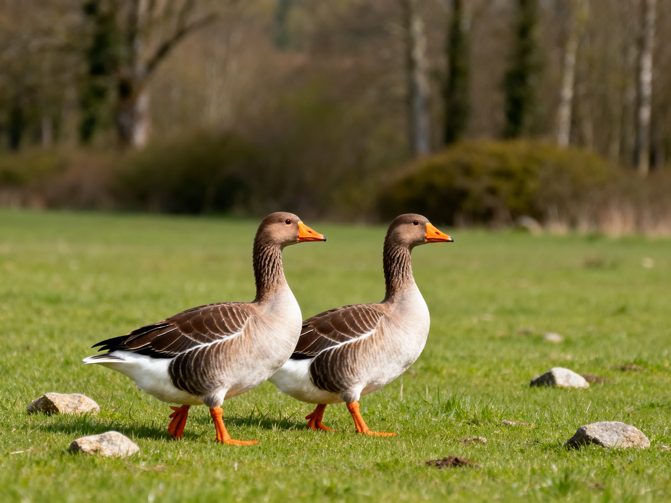 Two geese with orange beaks walk on a grassy field with rocks