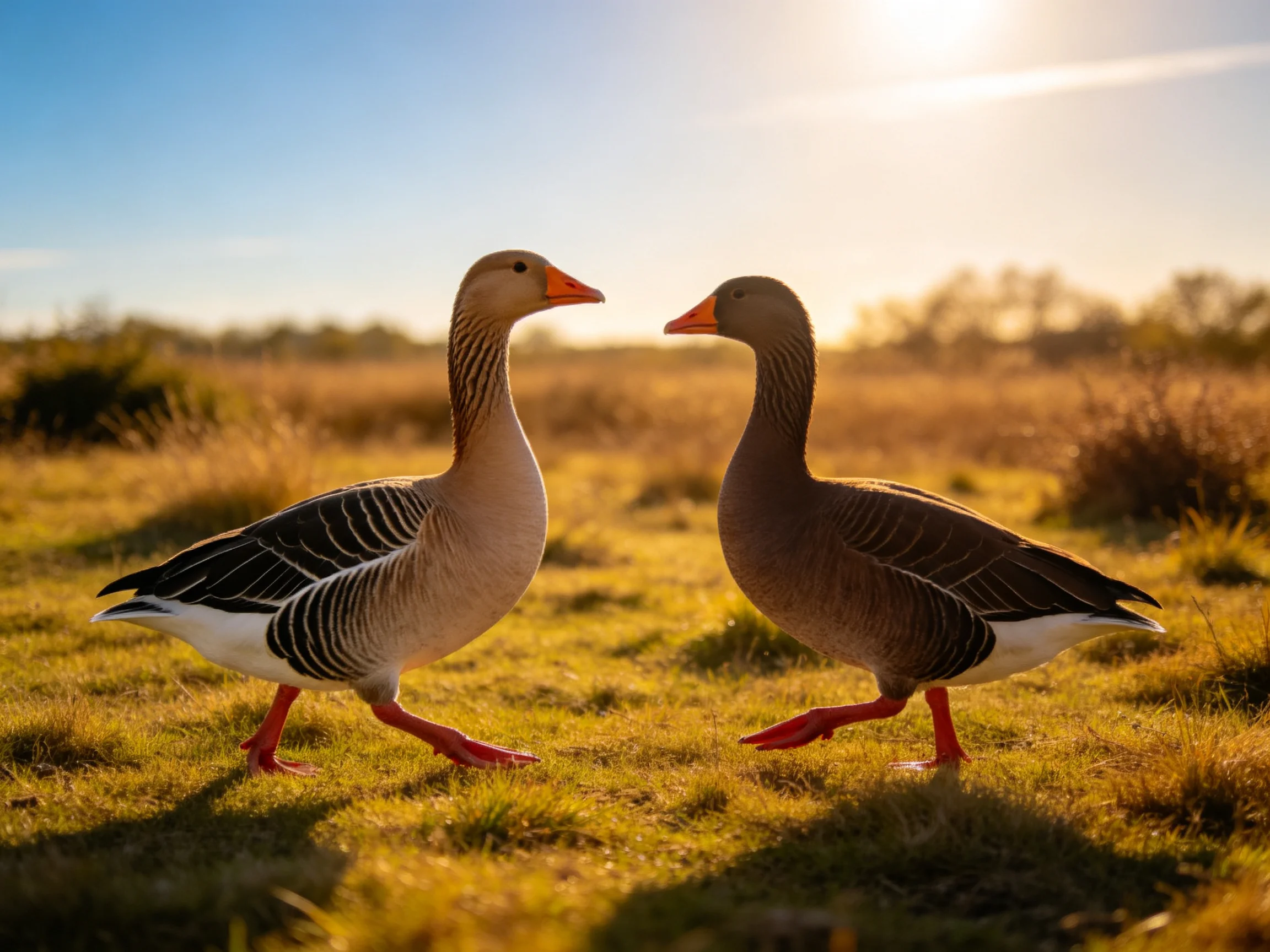 Two geese with orange beaks walk together on golden grassland