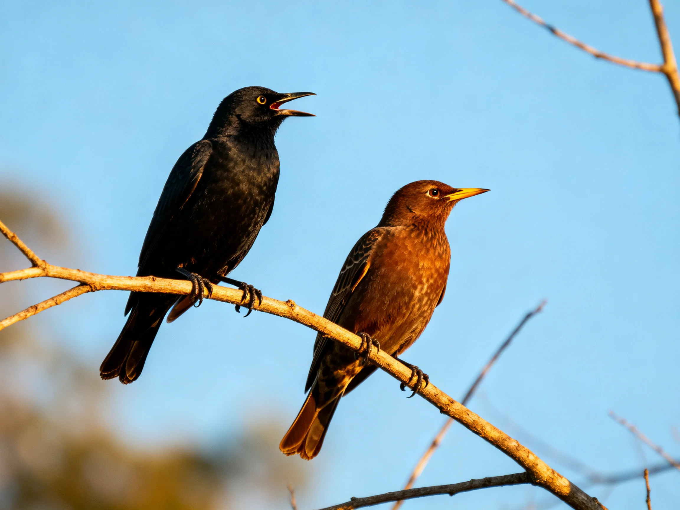 Two glossy black and rich brown birds perched on a light-brown tree branch