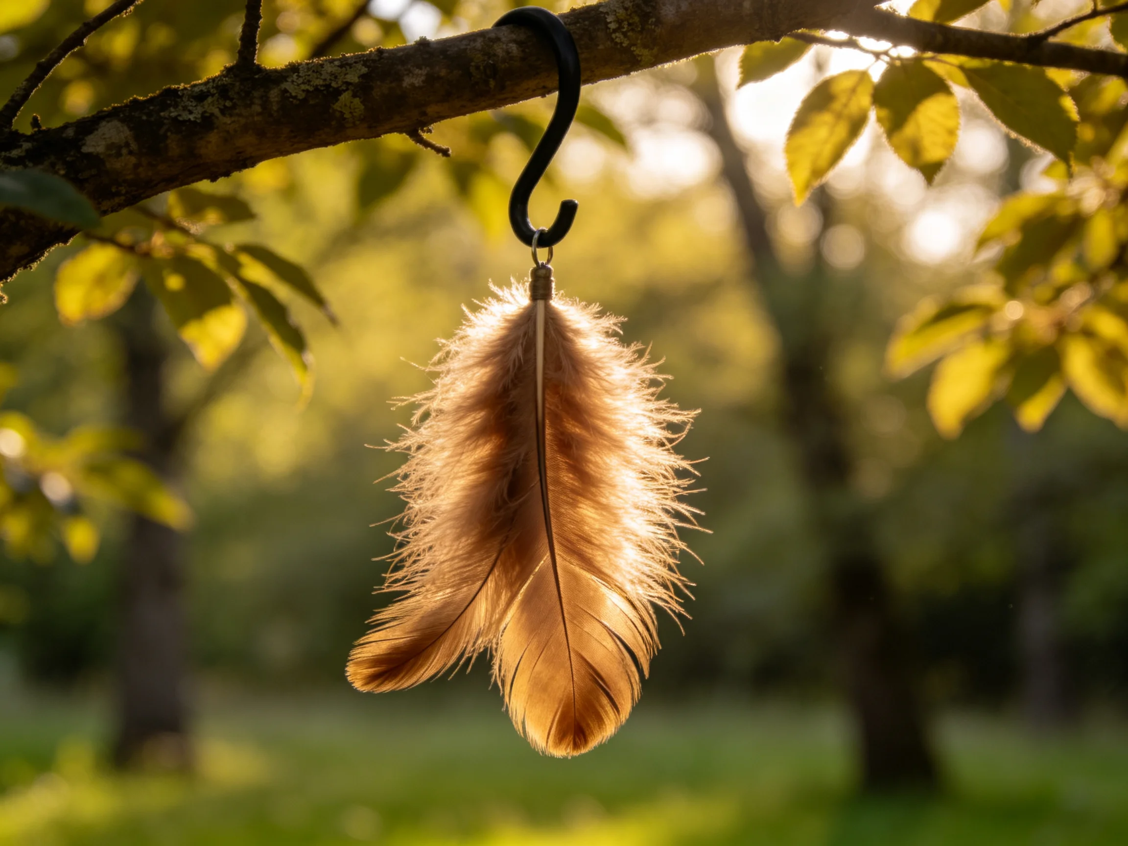 Two golden feathers hang from a black hook on a tree branch